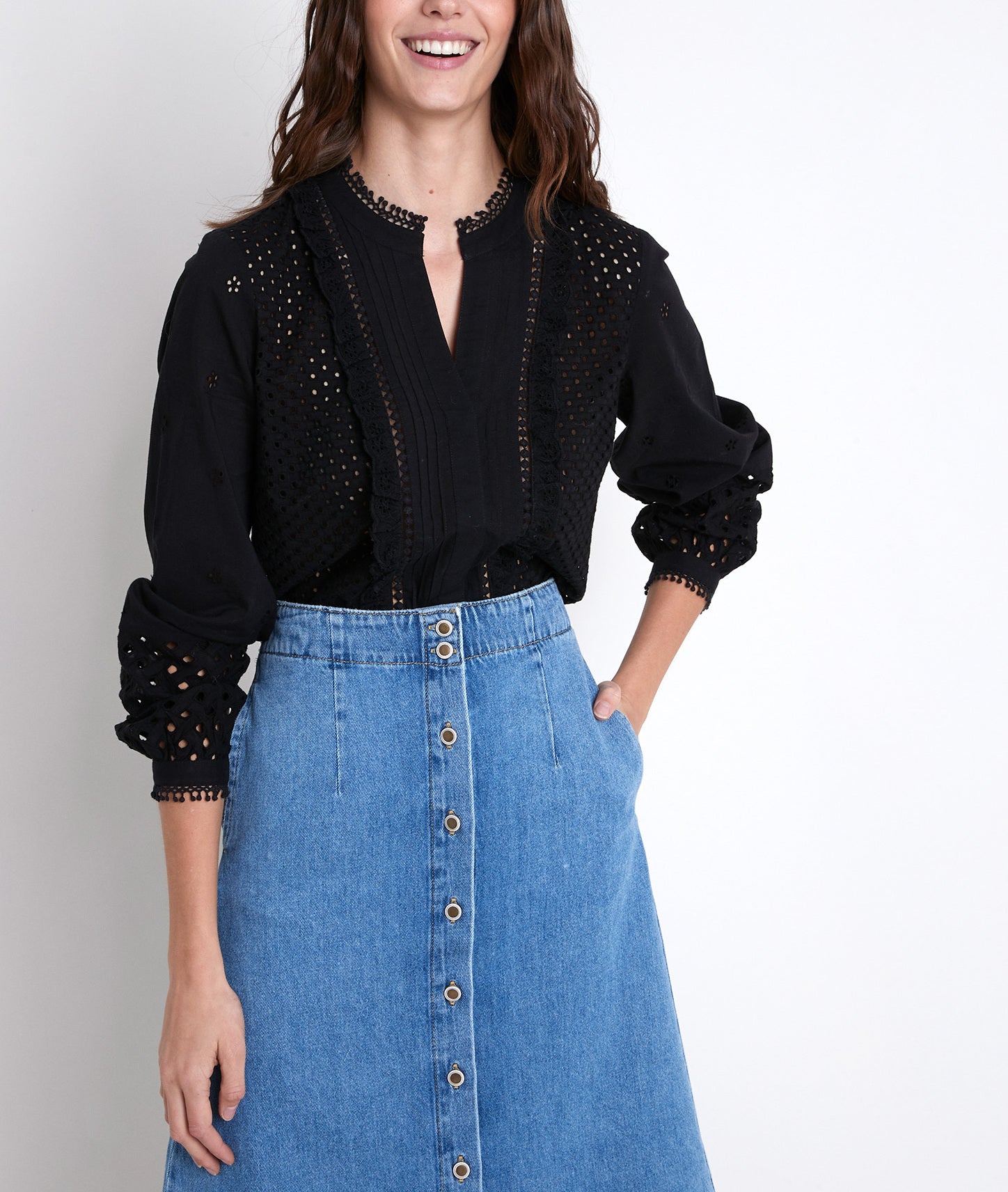 Blouse noire brodée en coton Tessali Faume - seconde main