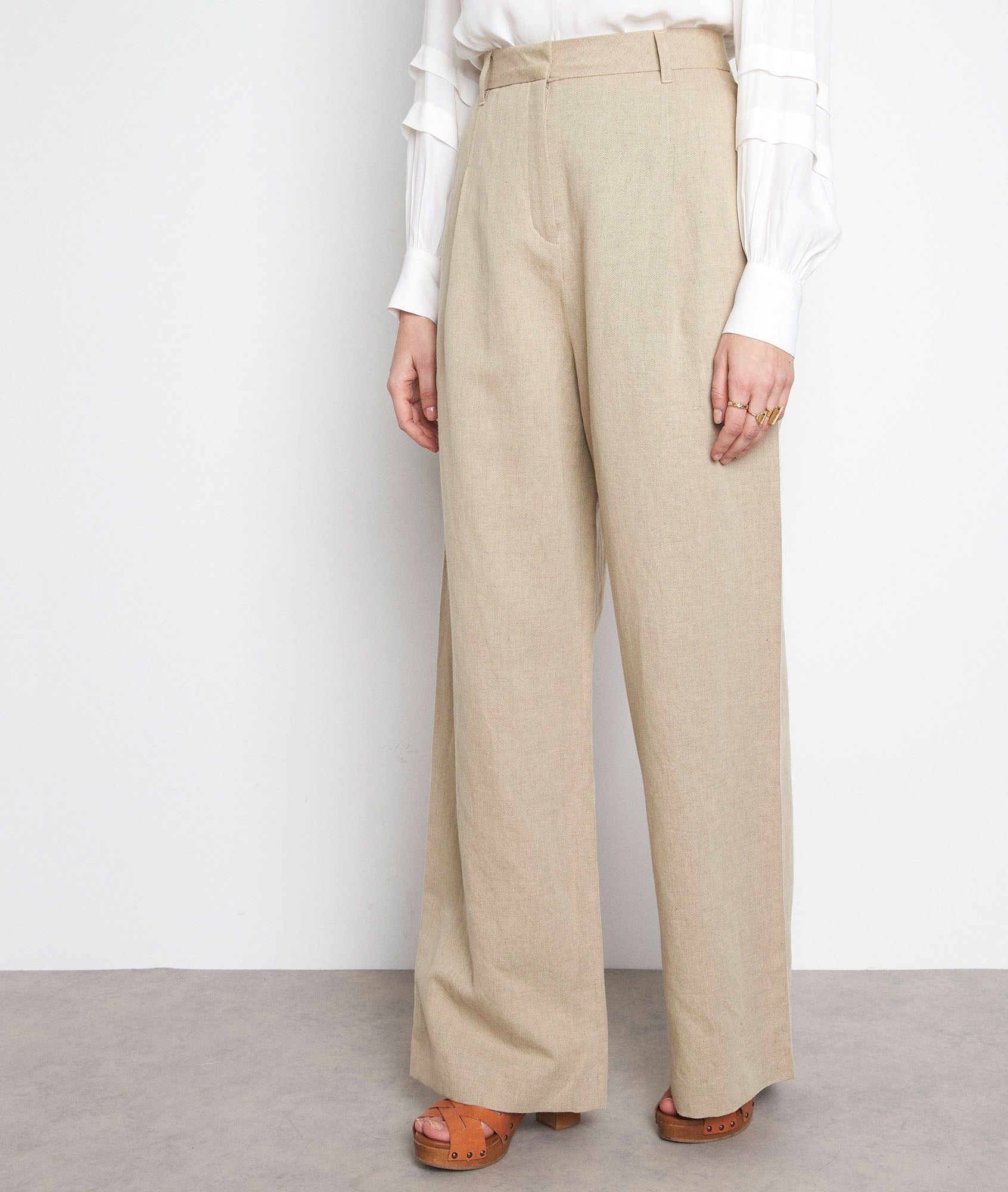 Pantalon large en coton et lin beige Stan Faume - seconde main