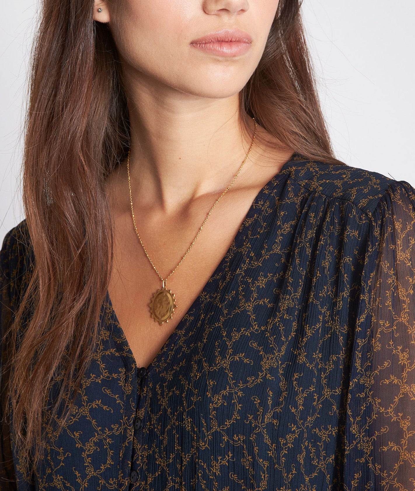 Robe longue fluide imprimée marine et bronze Souad Faume - seconde main