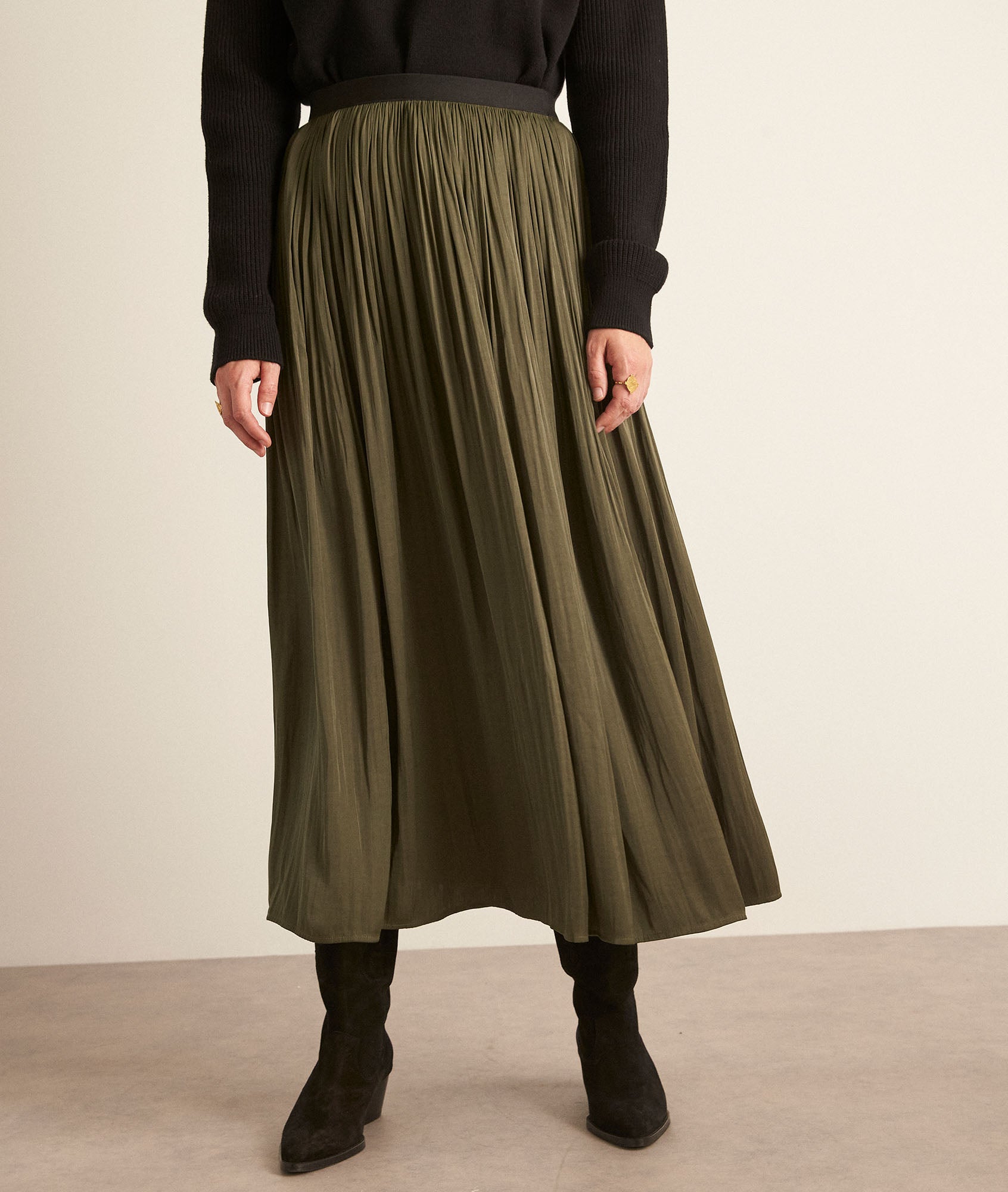 Jupe fluide satinée kaki KIM Faume - seconde main