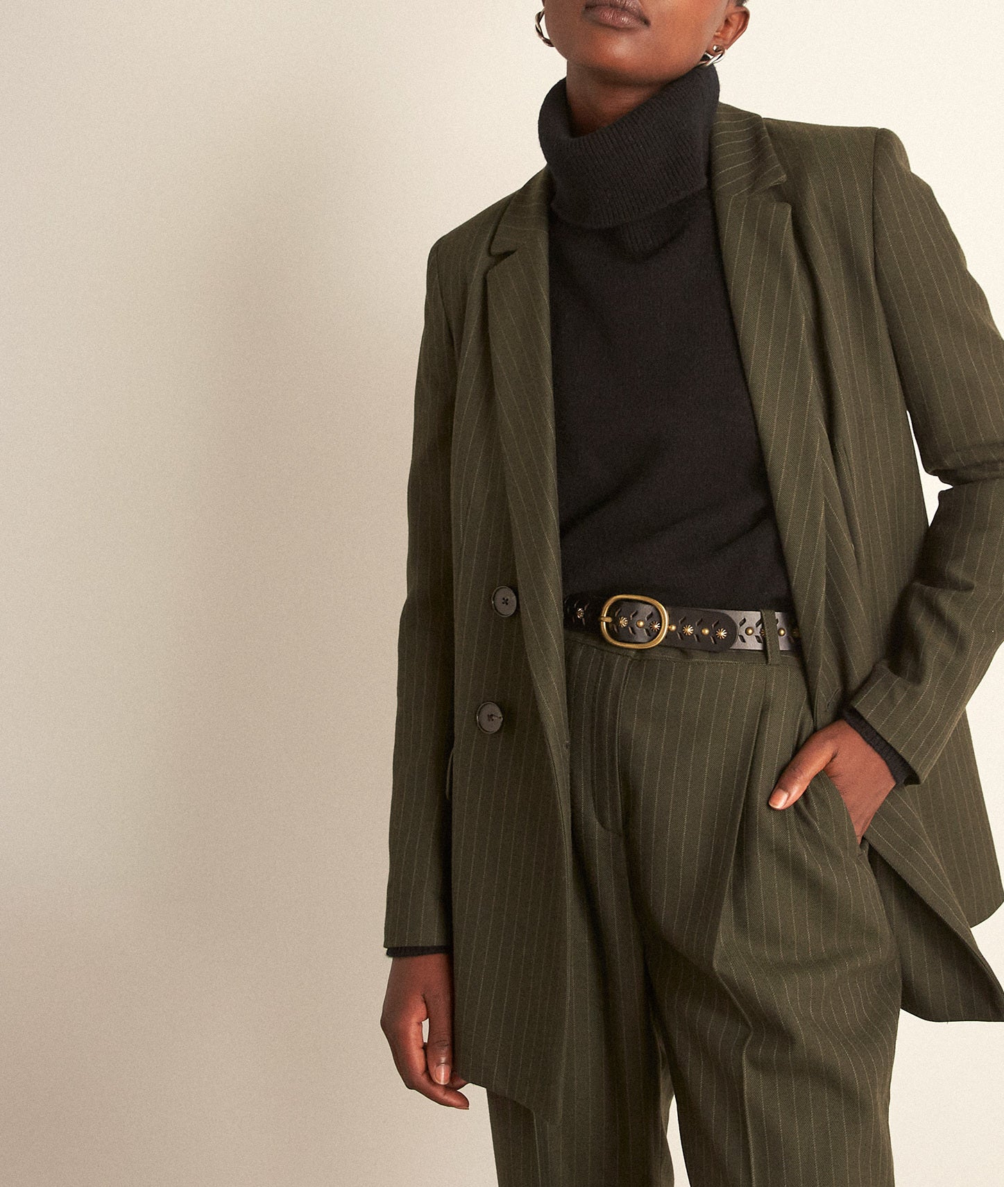 Veste tailleur finement rayée kaki Florine Faume - seconde main