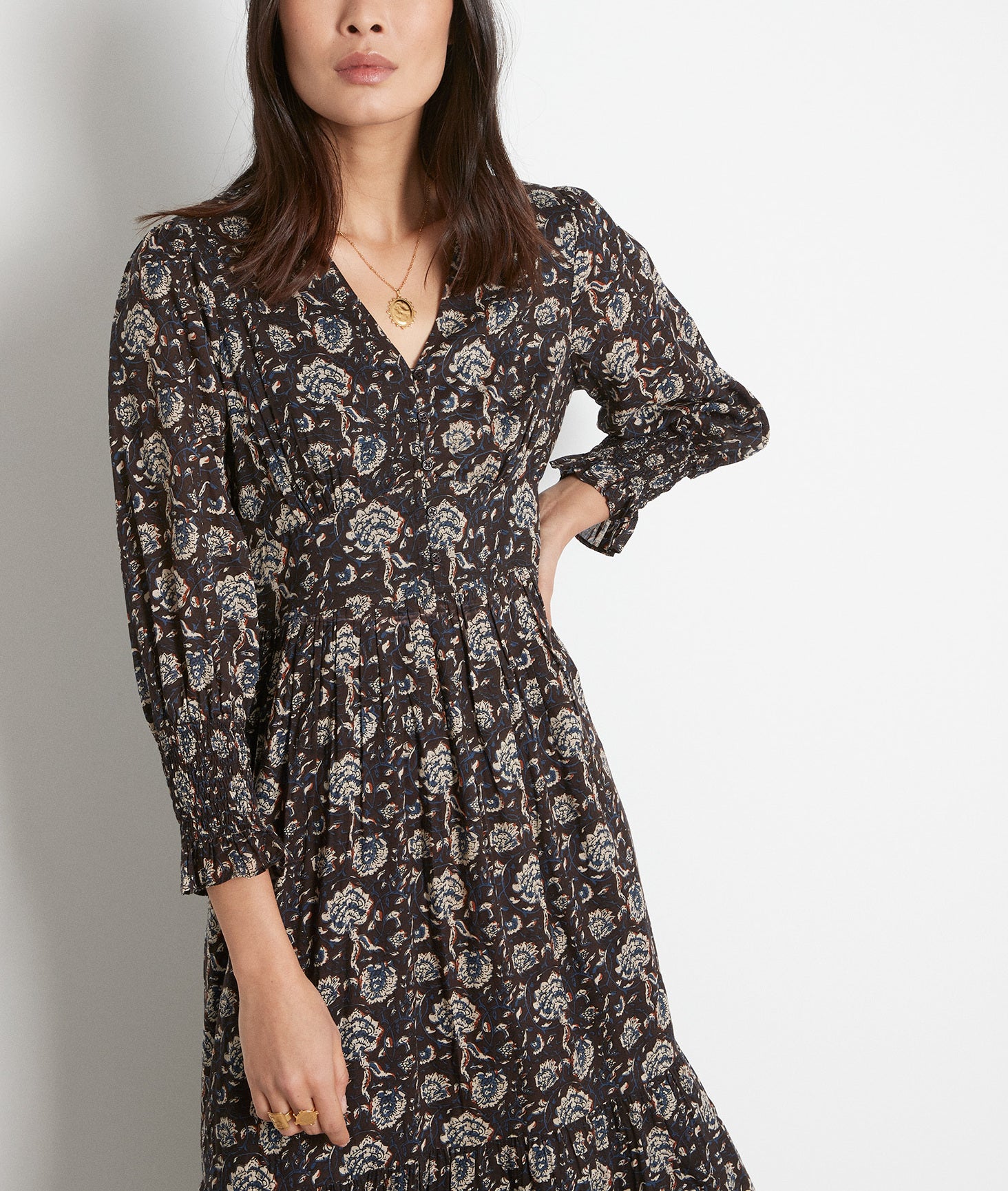 Robe longue à l'imprimée fleuri noire Nancy Faume - seconde main