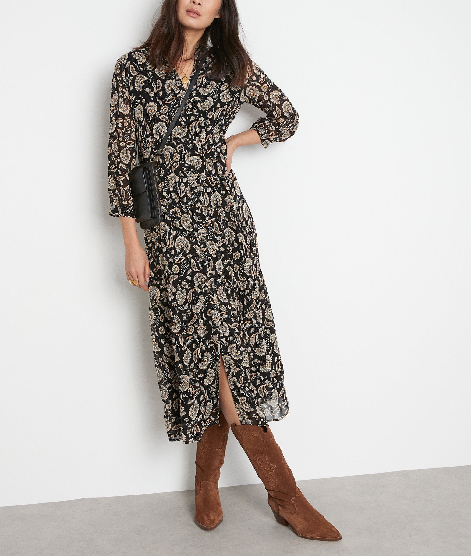 Robe longue vaporeuse imprimée noire Carola Faume - seconde main