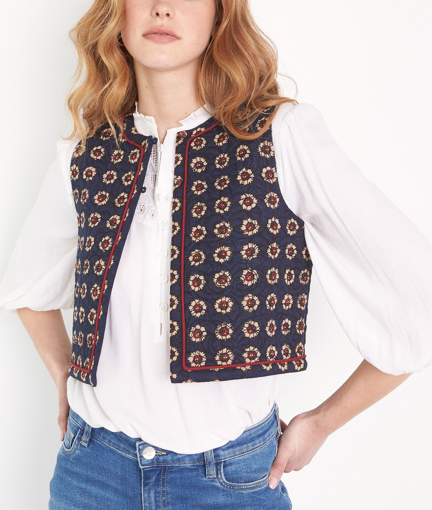 Boléro sans manches imprimé en coton encre Angela Faume - seconde main