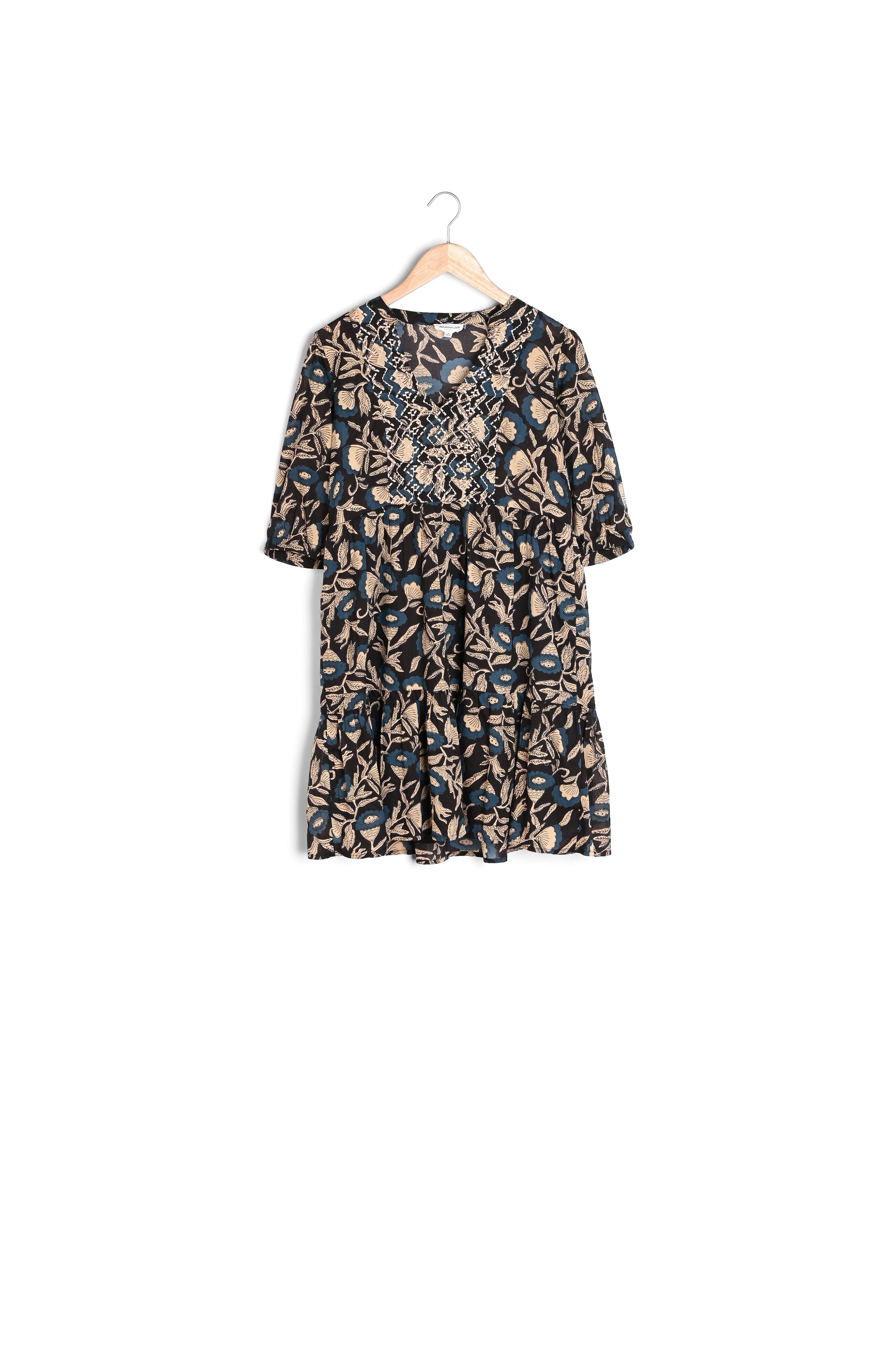 Robe courte en coton imprimé beige, bleu et noir Madeleine Faume - seconde main