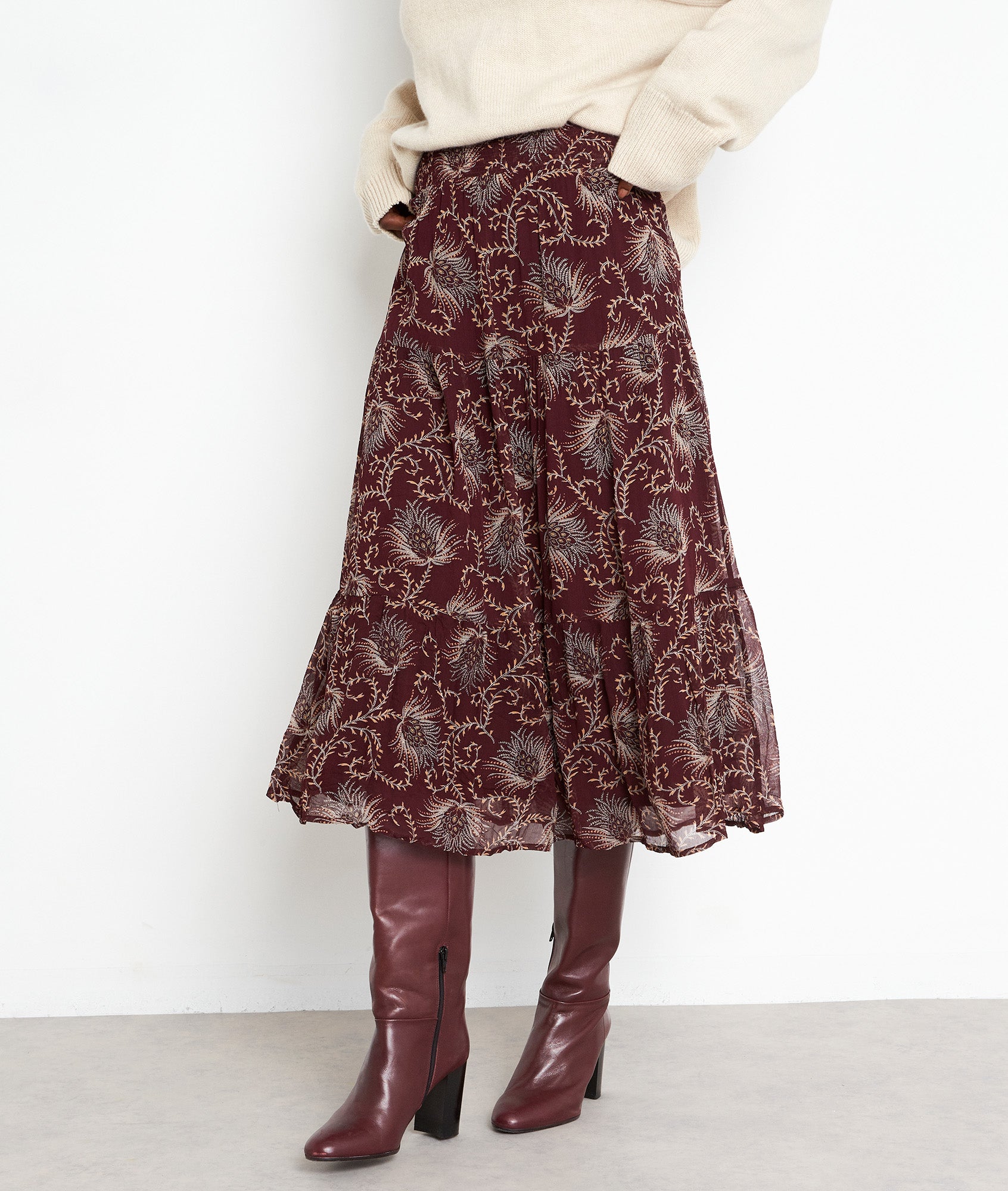 Jupe midi vaporeuse imprimée bordeaux Florianne Faume - seconde main