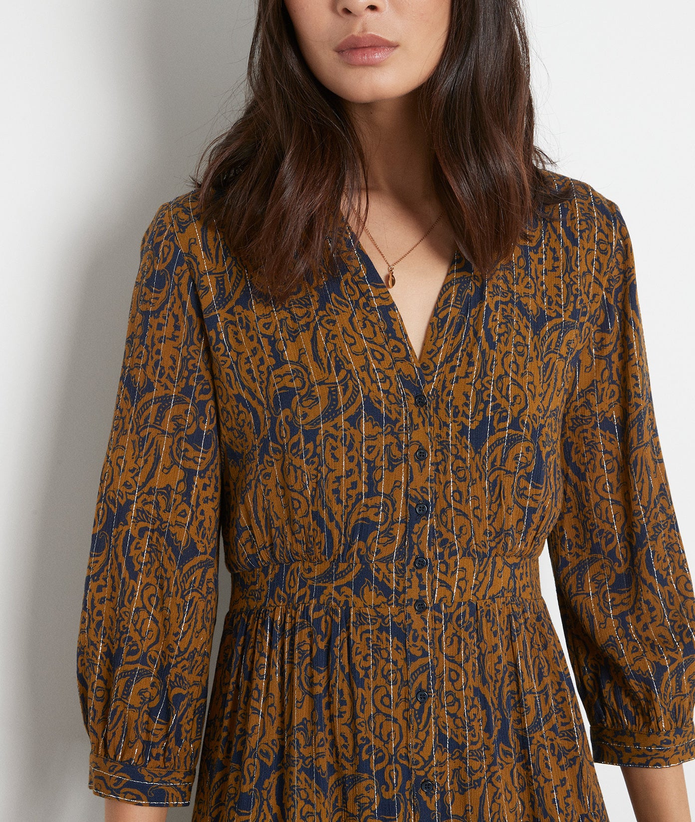 Robe longue imprimée ocre et marine Carola Faume - seconde main