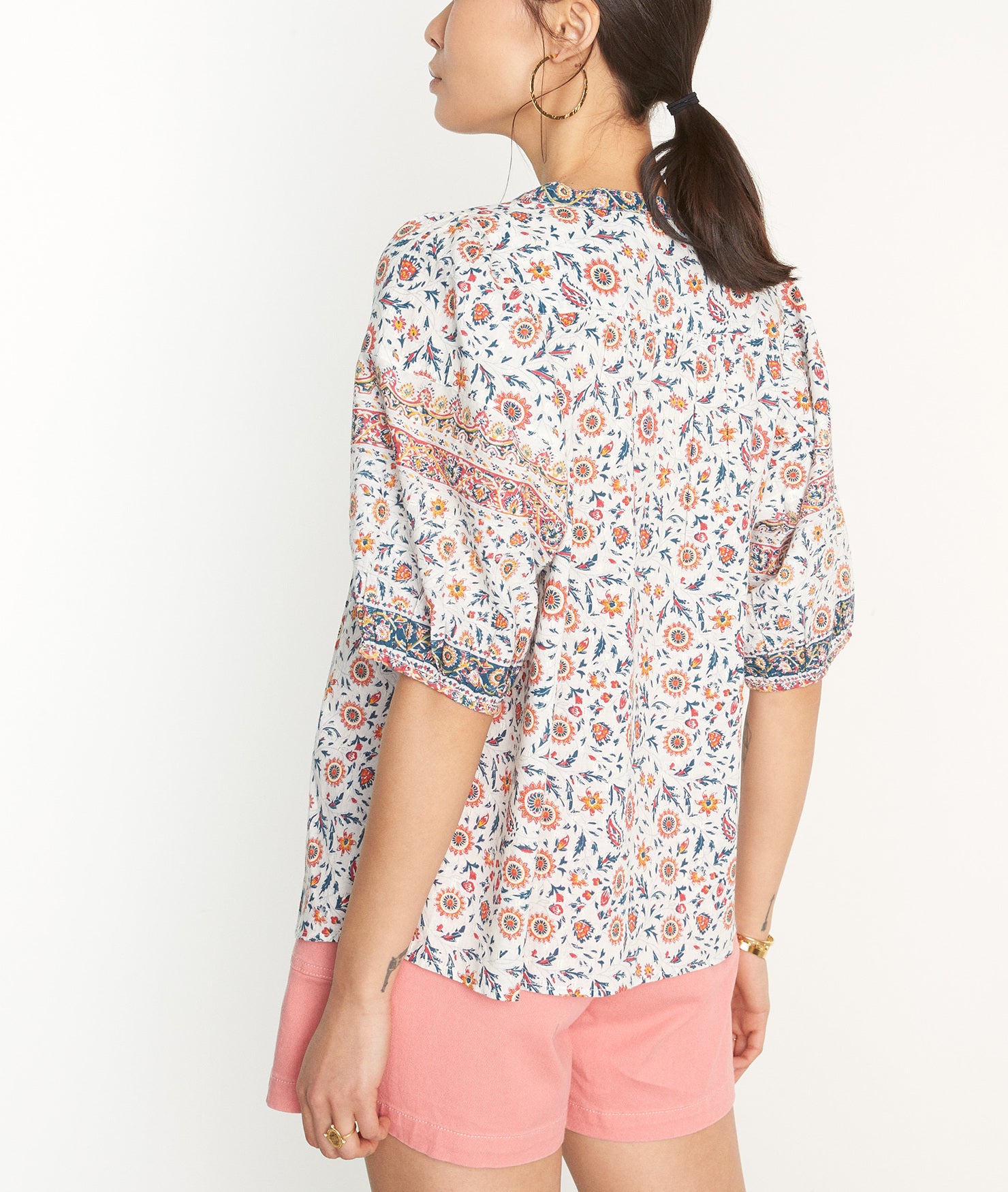 Blouse à manches ballons en coton imprimé rose et blanc Connie Faume - seconde main