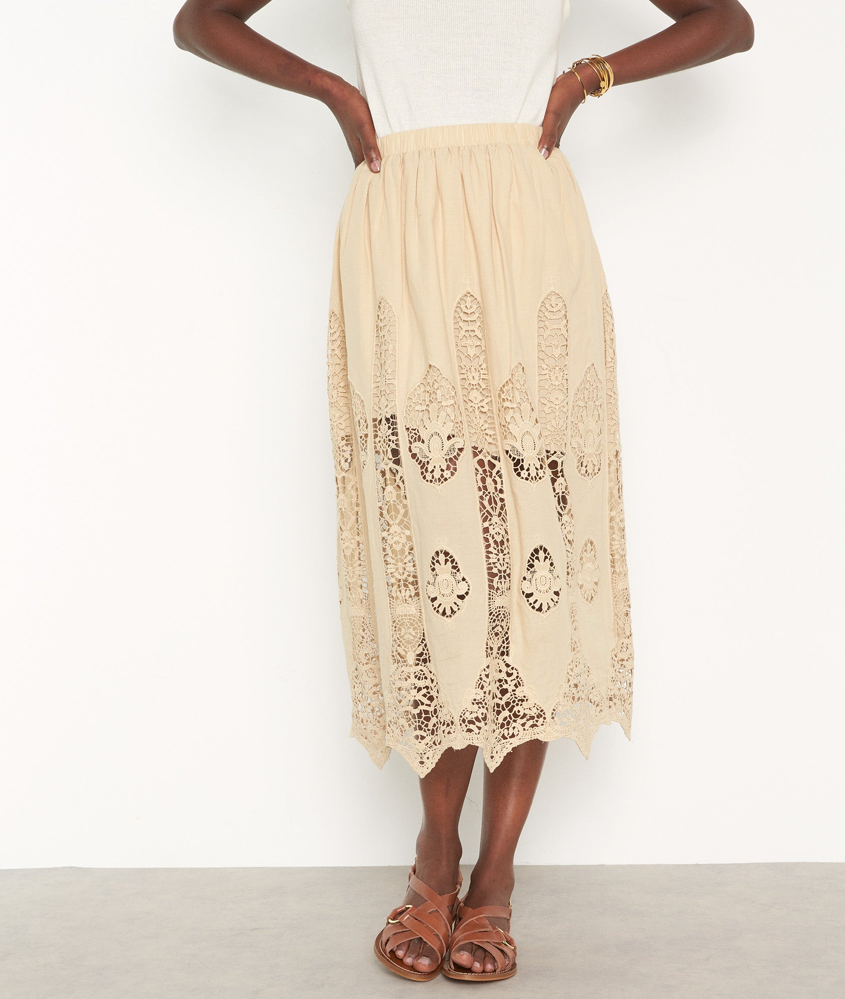 Jupe midi en coton ajouré blé Dulcie Faume - seconde main