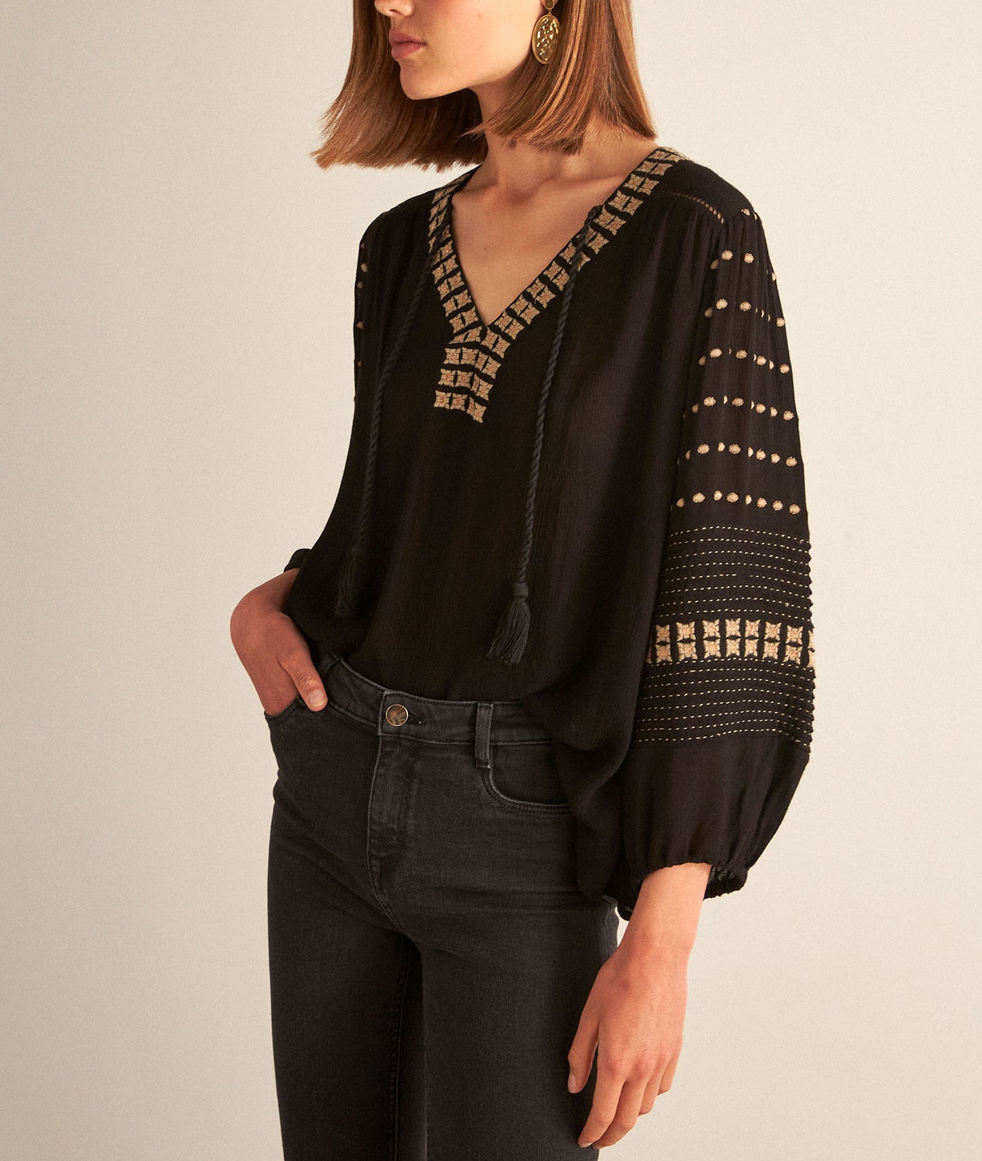 Blouse brodée ethnique noire CALLAS Faume - seconde main