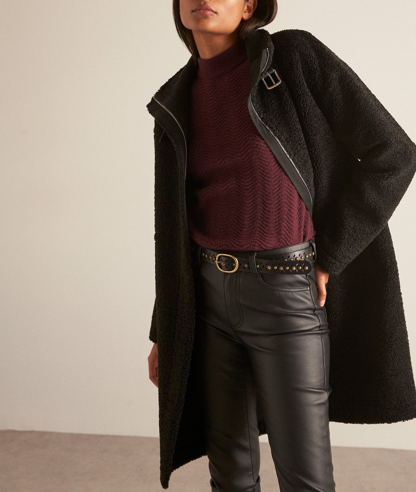 Manteau long effet peau retournée noir Marie Faume - seconde main