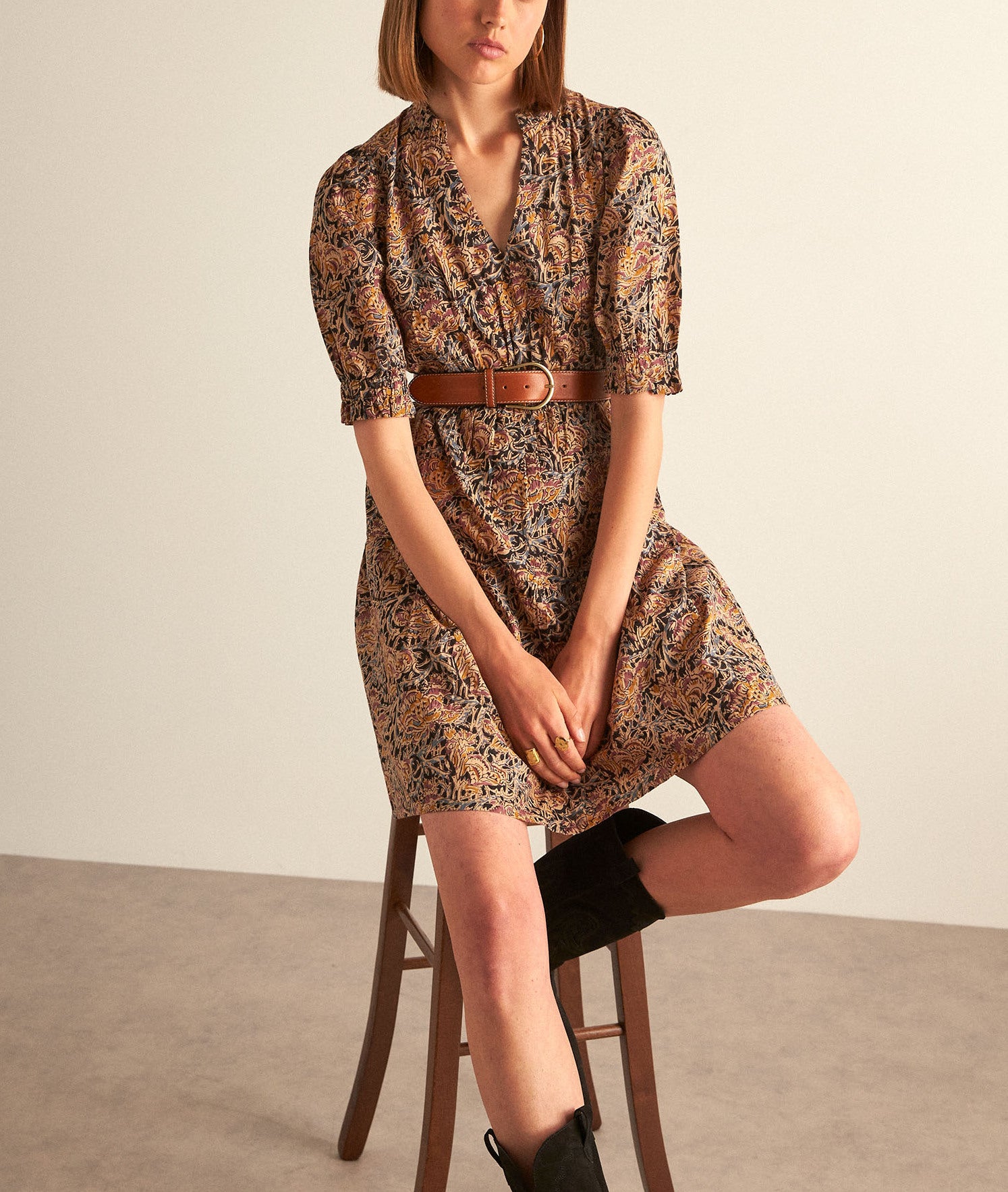 Robe courte en coton imprimé ocre HIVY Faume - seconde main