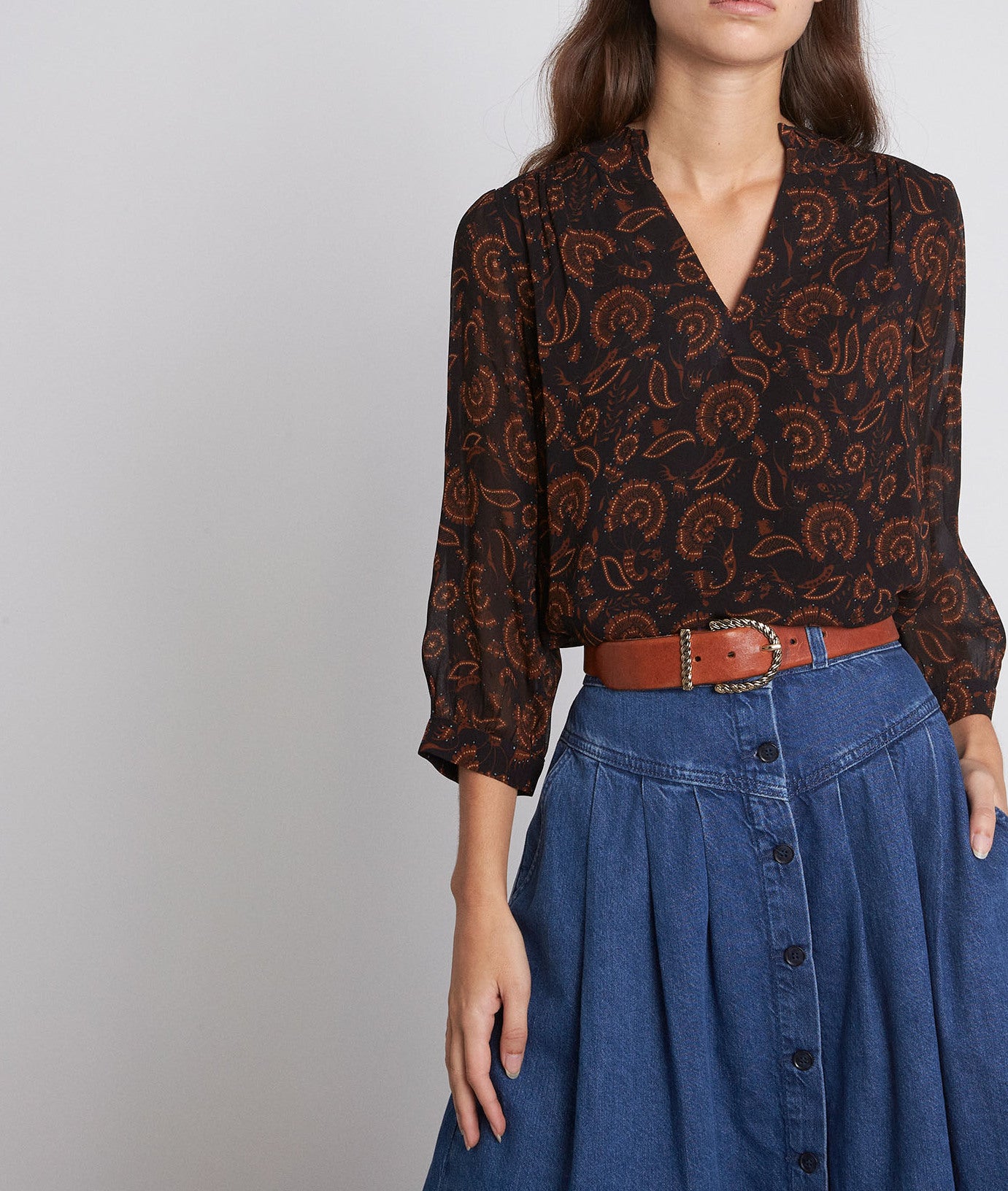 Blouse imprimée noire et brique Leandra Faume - seconde main