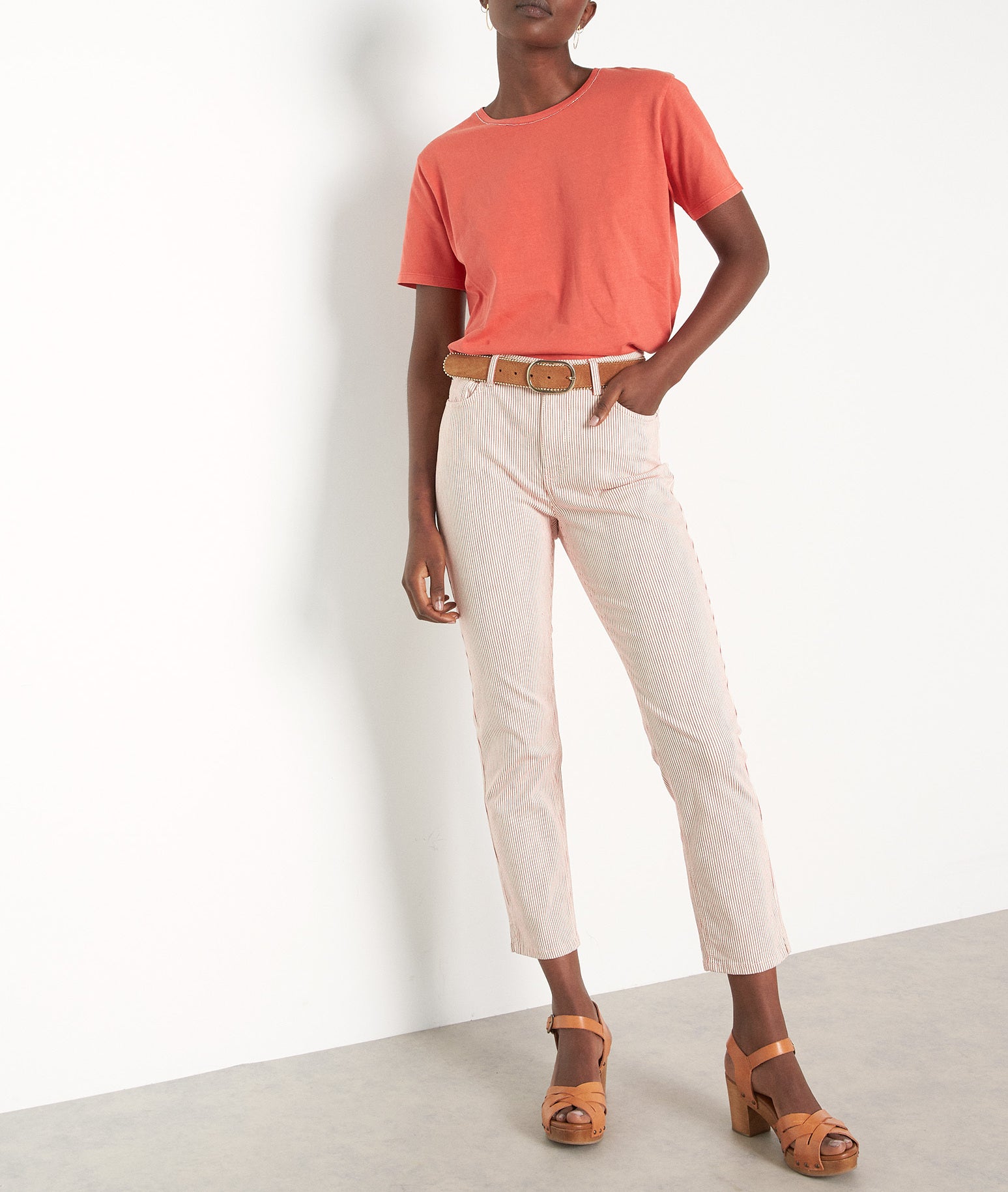 Pantalon slim en coton à rayures rouges Adele Faume - seconde main