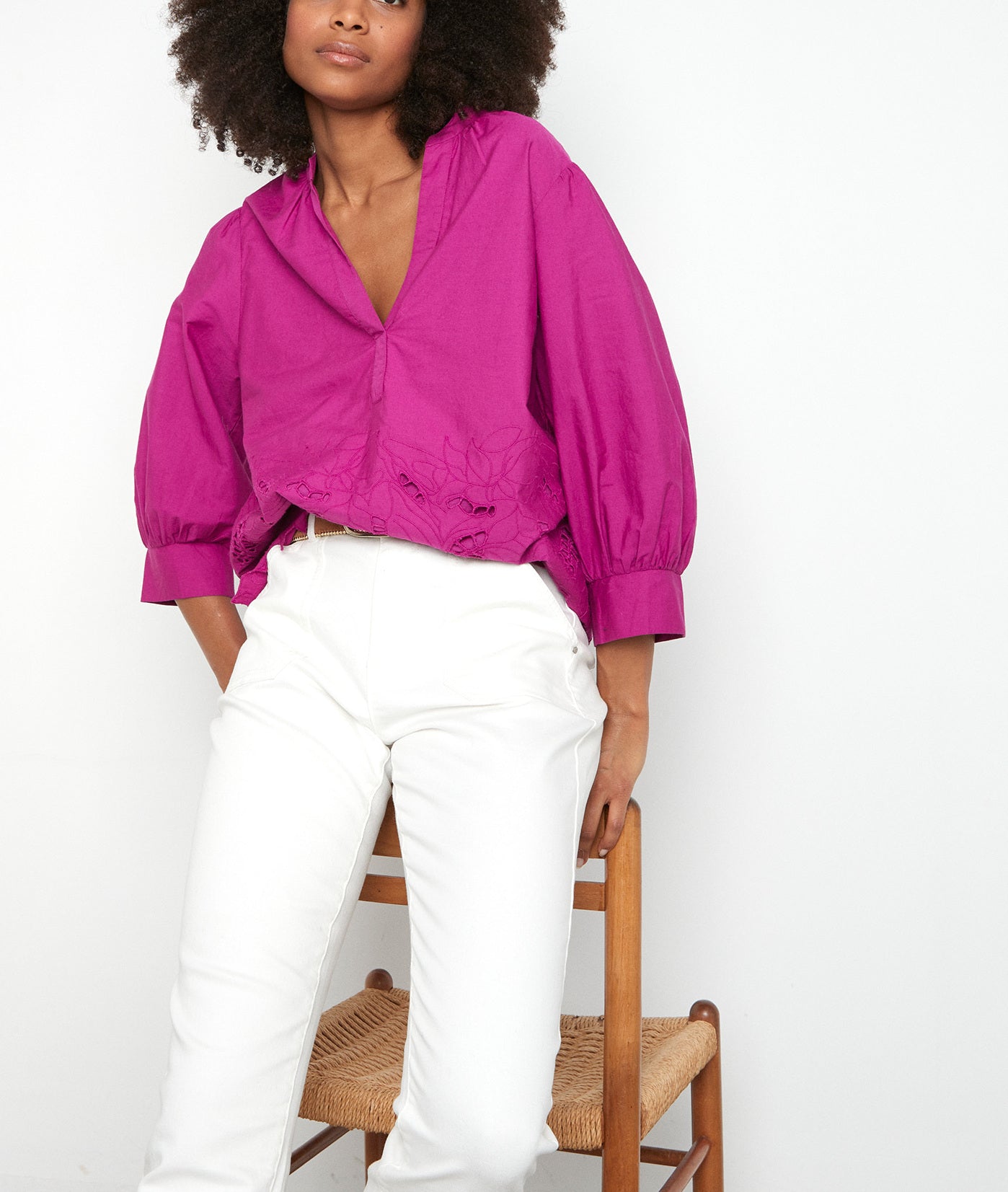 Blouse brodée à manches ballons fuchsia Aaron Faume - seconde main