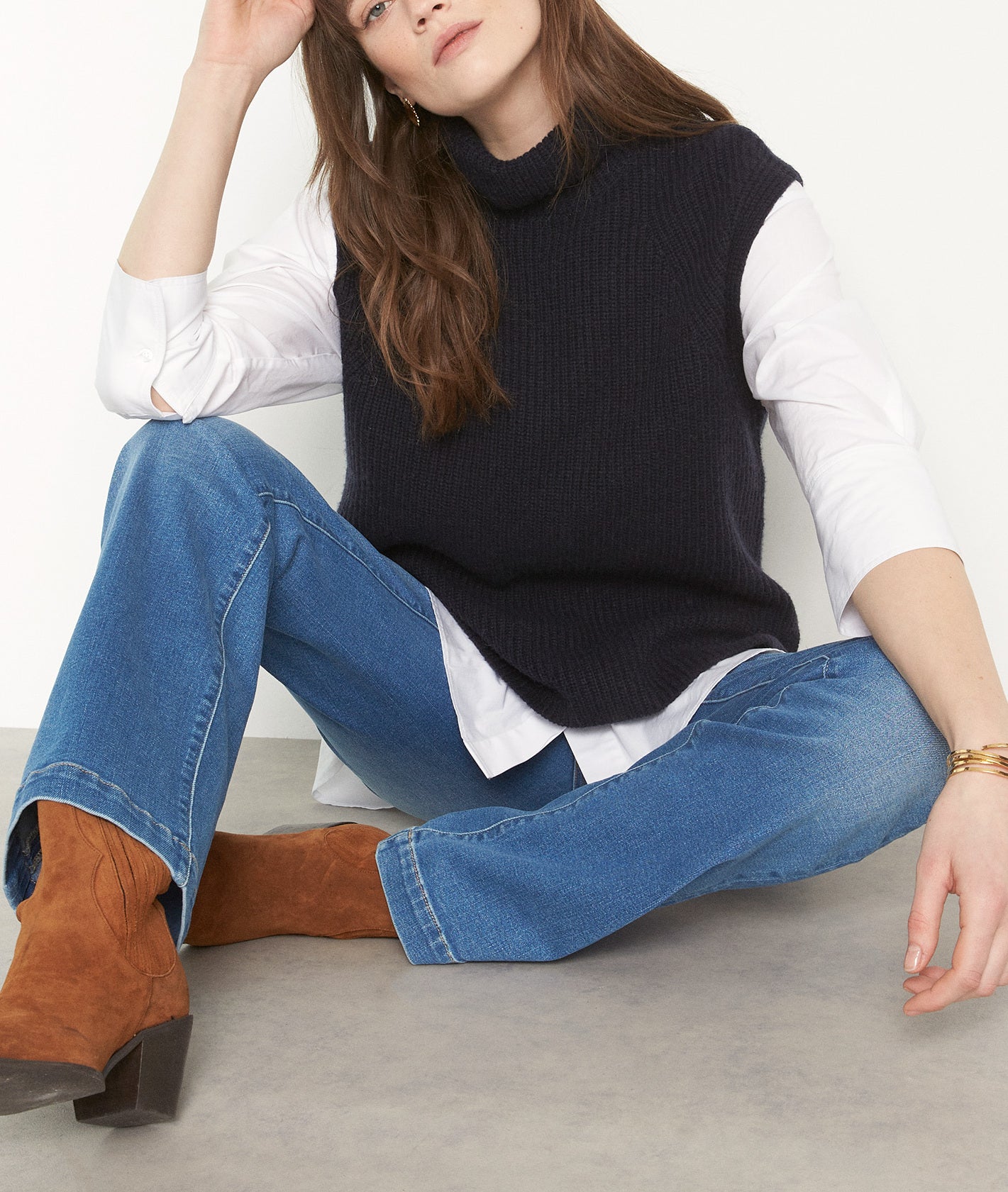 Pull col roulé sans manches bleu marine Twister Faume - seconde main