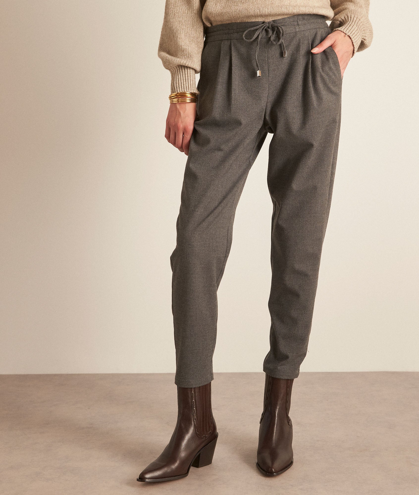 Pantalon carotte fluide gris chiné Flynn Faume - seconde main