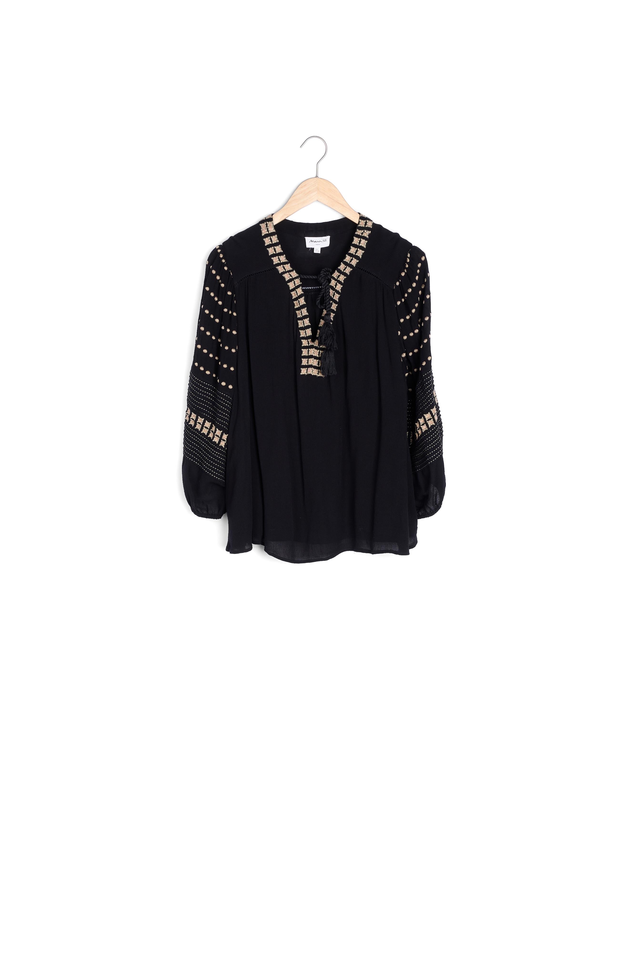 Blouse brodée ethnique noire CALLAS Faume - seconde main