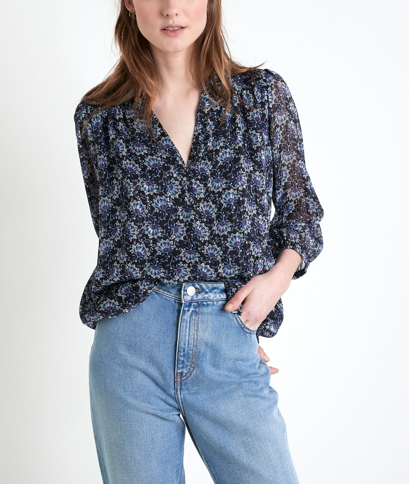 Blouse marine imprimée Elsa Faume - seconde main