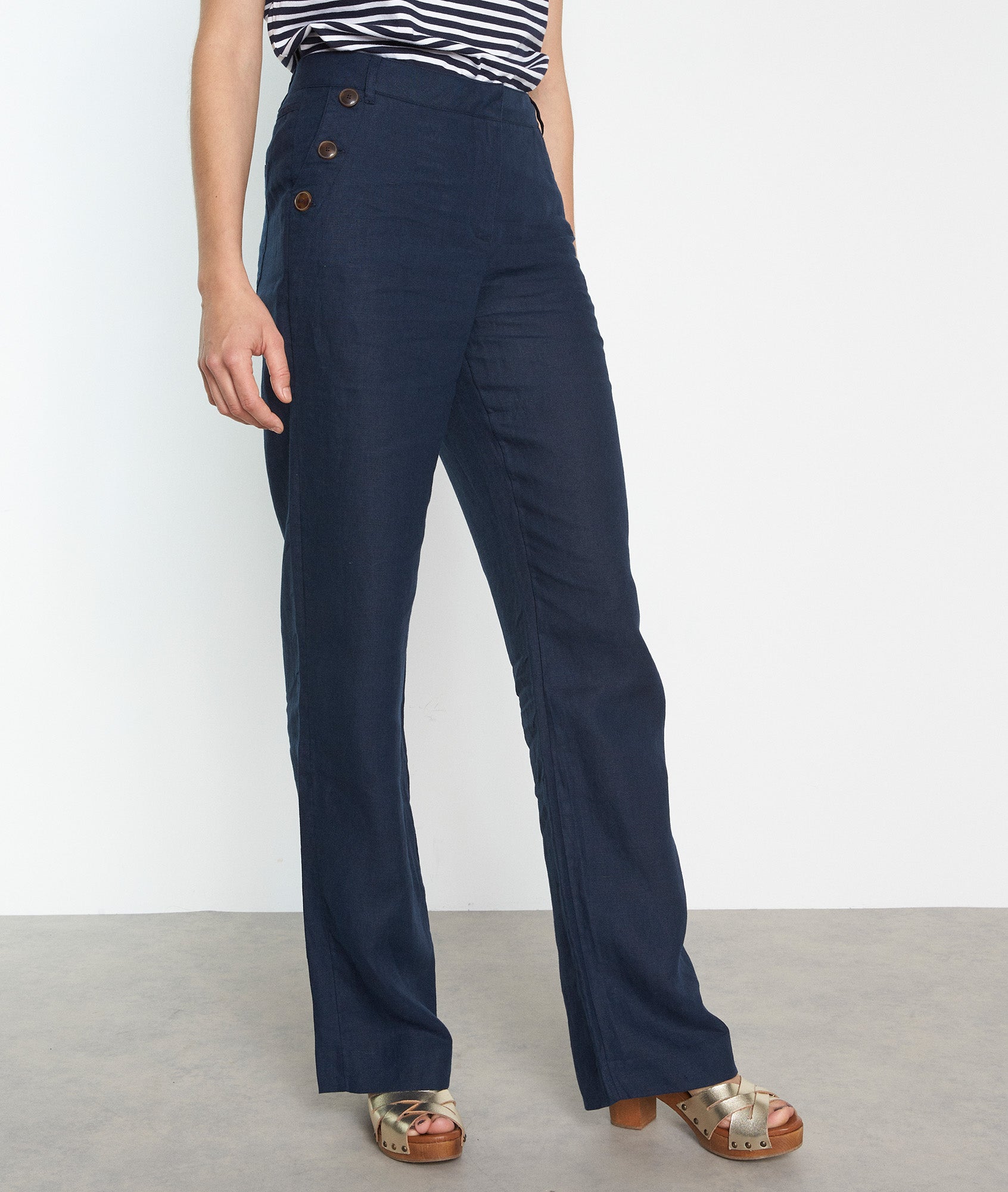 Pantalon flare en lin responsable et coton marine Ninon Faume - seconde main
