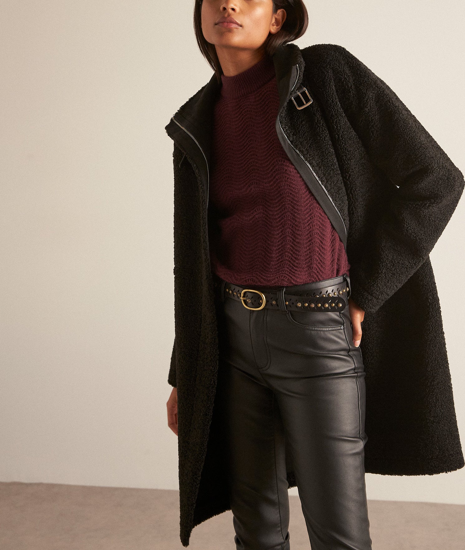 Manteau long effet peau retournée noir Marie Faume - seconde main