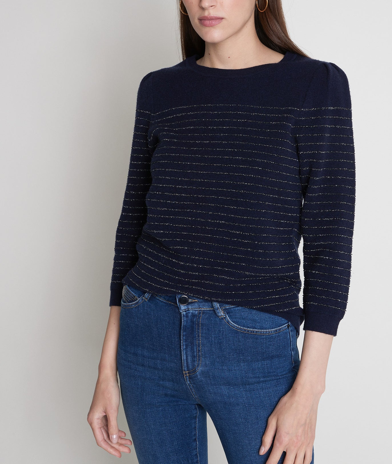 Pull marin bleu marine à rayures métallisées Thea Bis Faume - seconde main