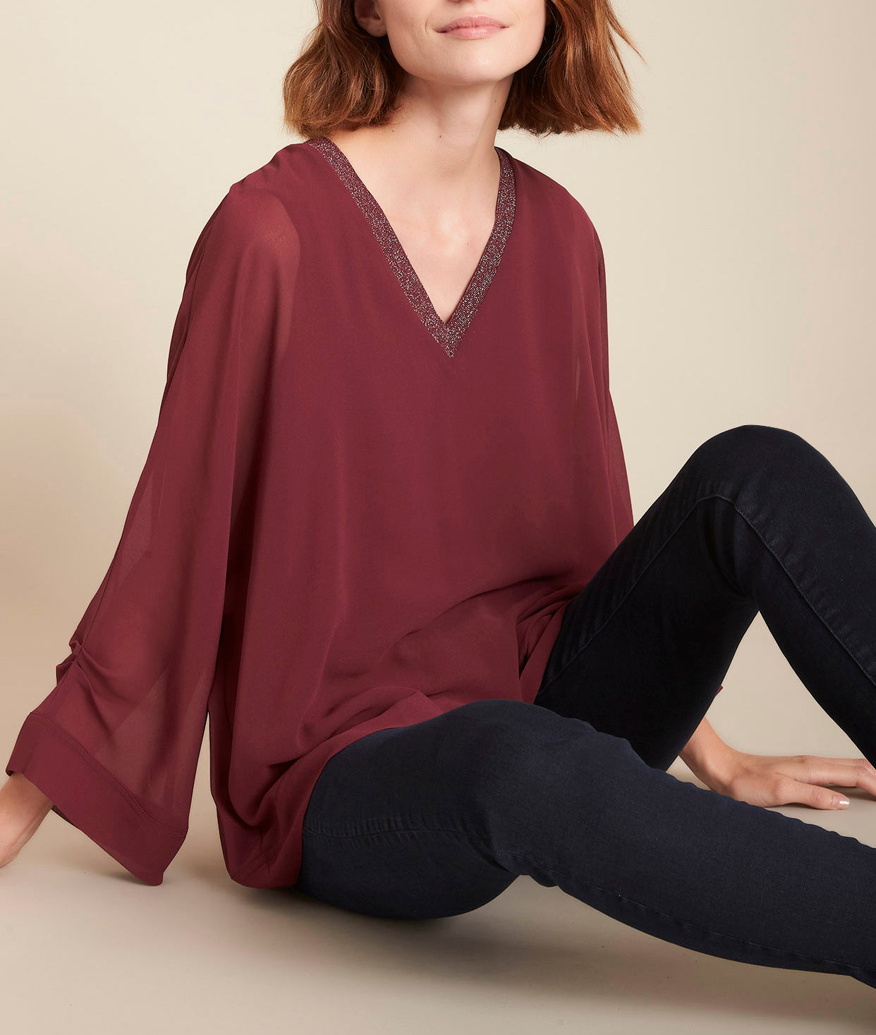 Blouse grenat col V brillant Mara Faume - seconde main