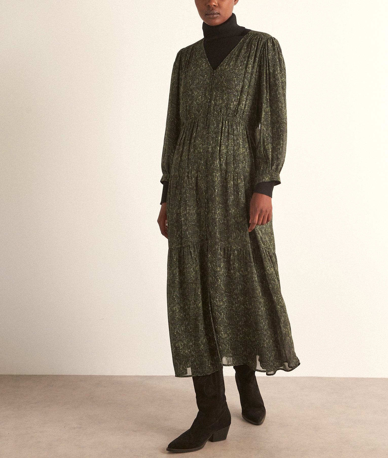 Robe longue imprimée kaki Souad Faume - seconde main