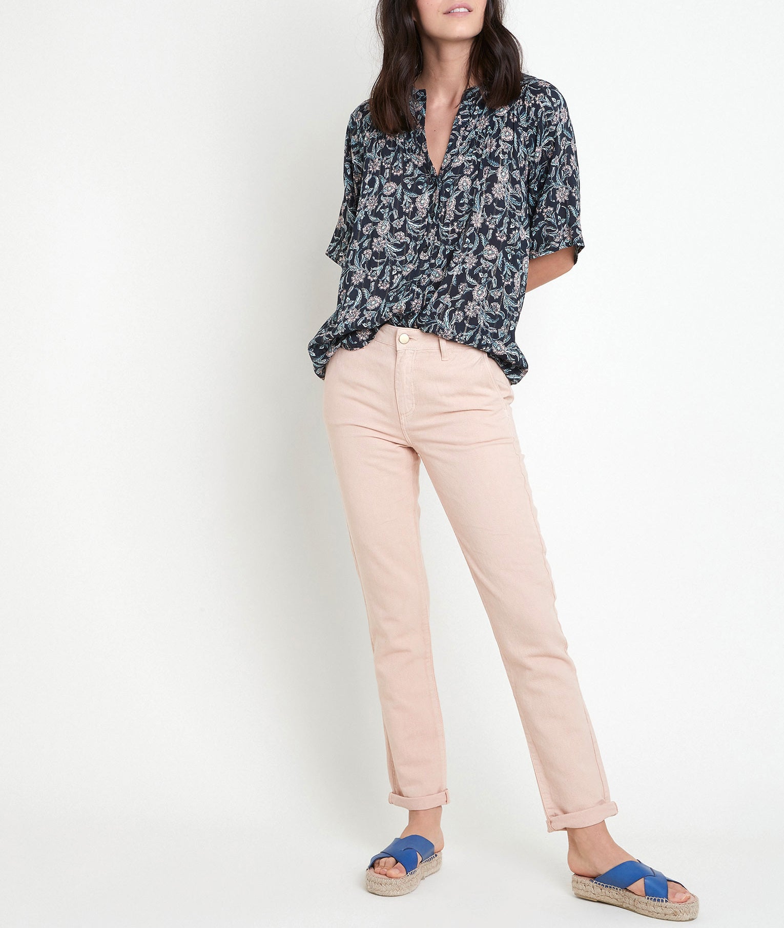 Pantalon droit en coton et lin rose poudré Farel Faume - seconde main