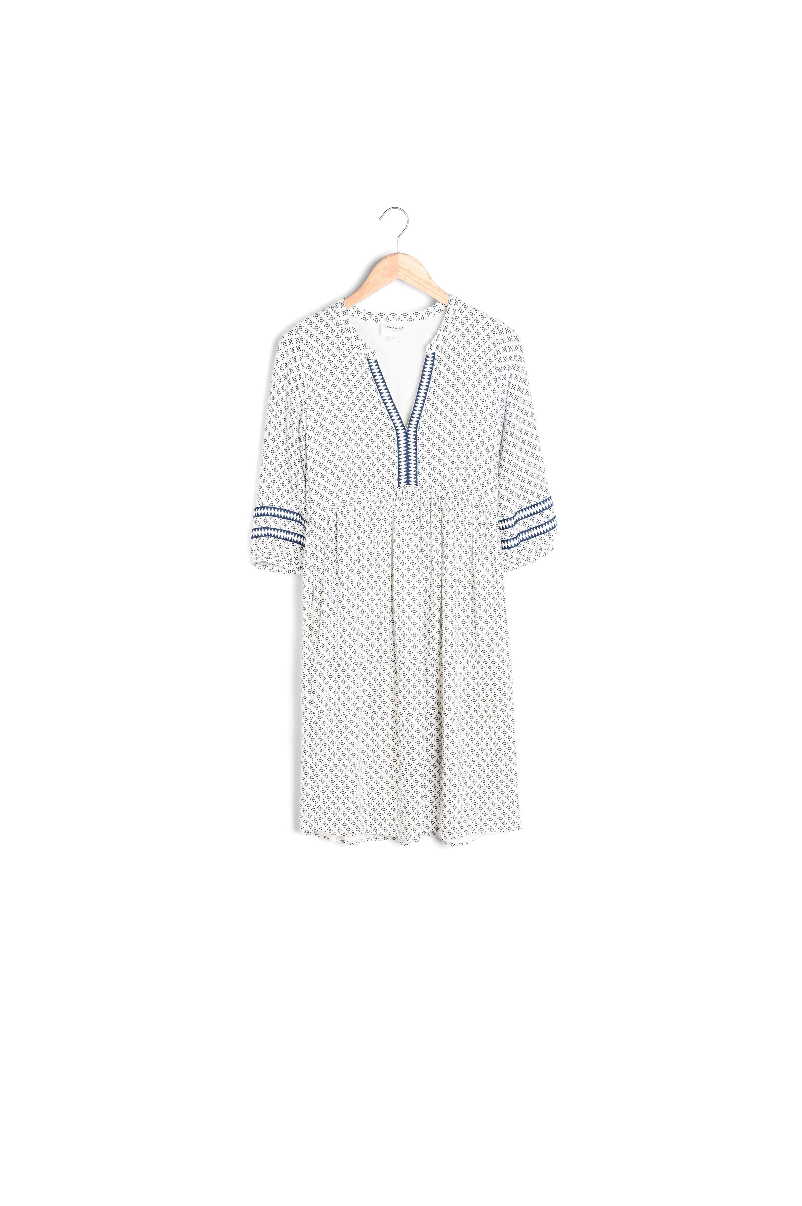 Robe mi-longue et fluide imprimée écrue et bleue Suzanne Faume - seconde main