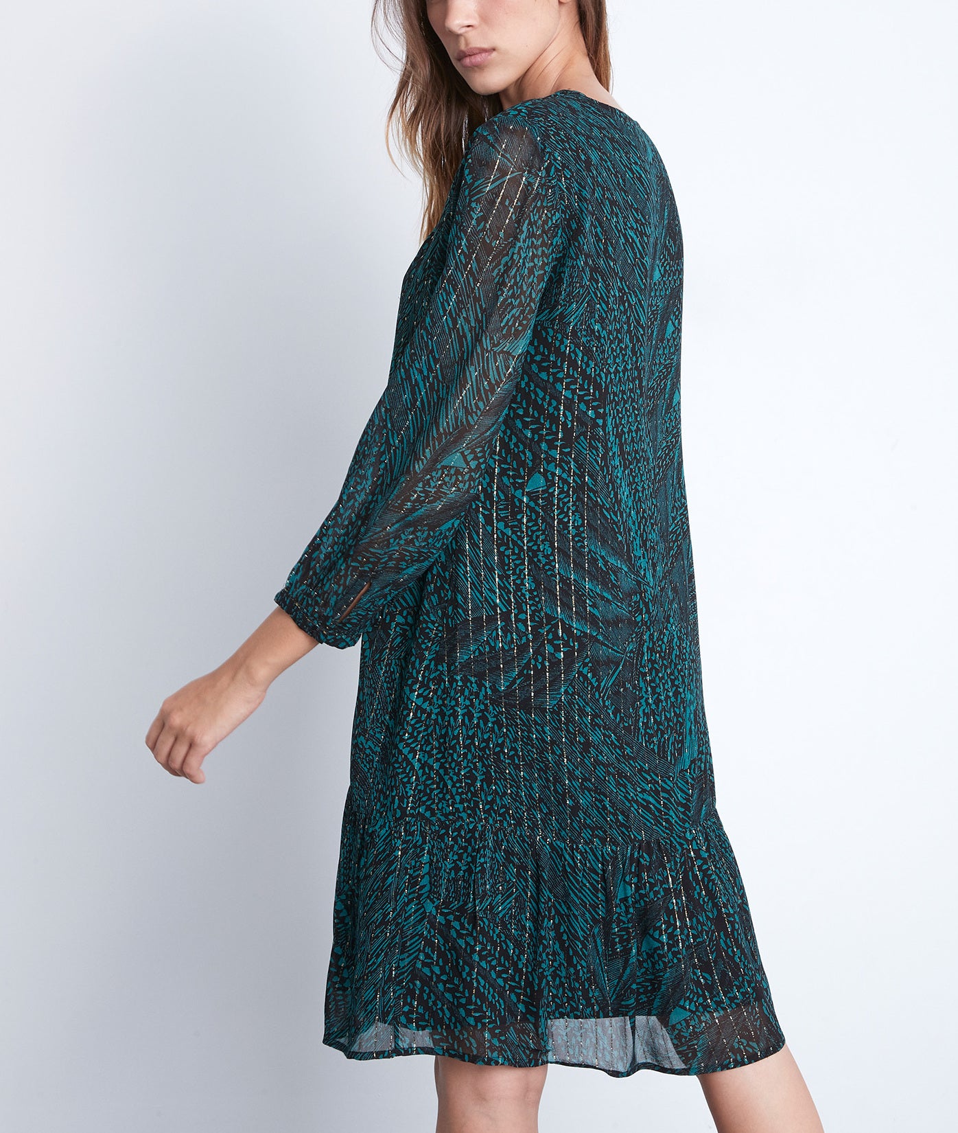 Robe courte et fluide imprimée verte et noire Soraya Faume - seconde main