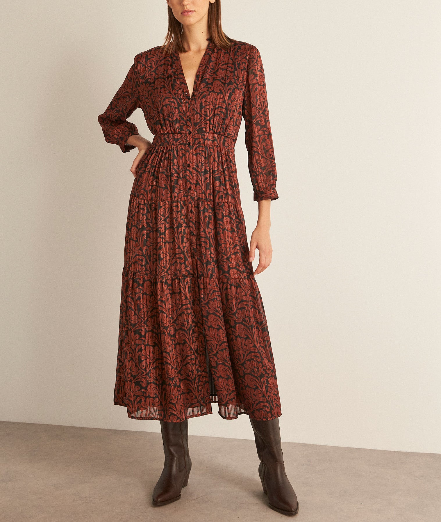 Robe longue imprimée brique Carola Faume - seconde main