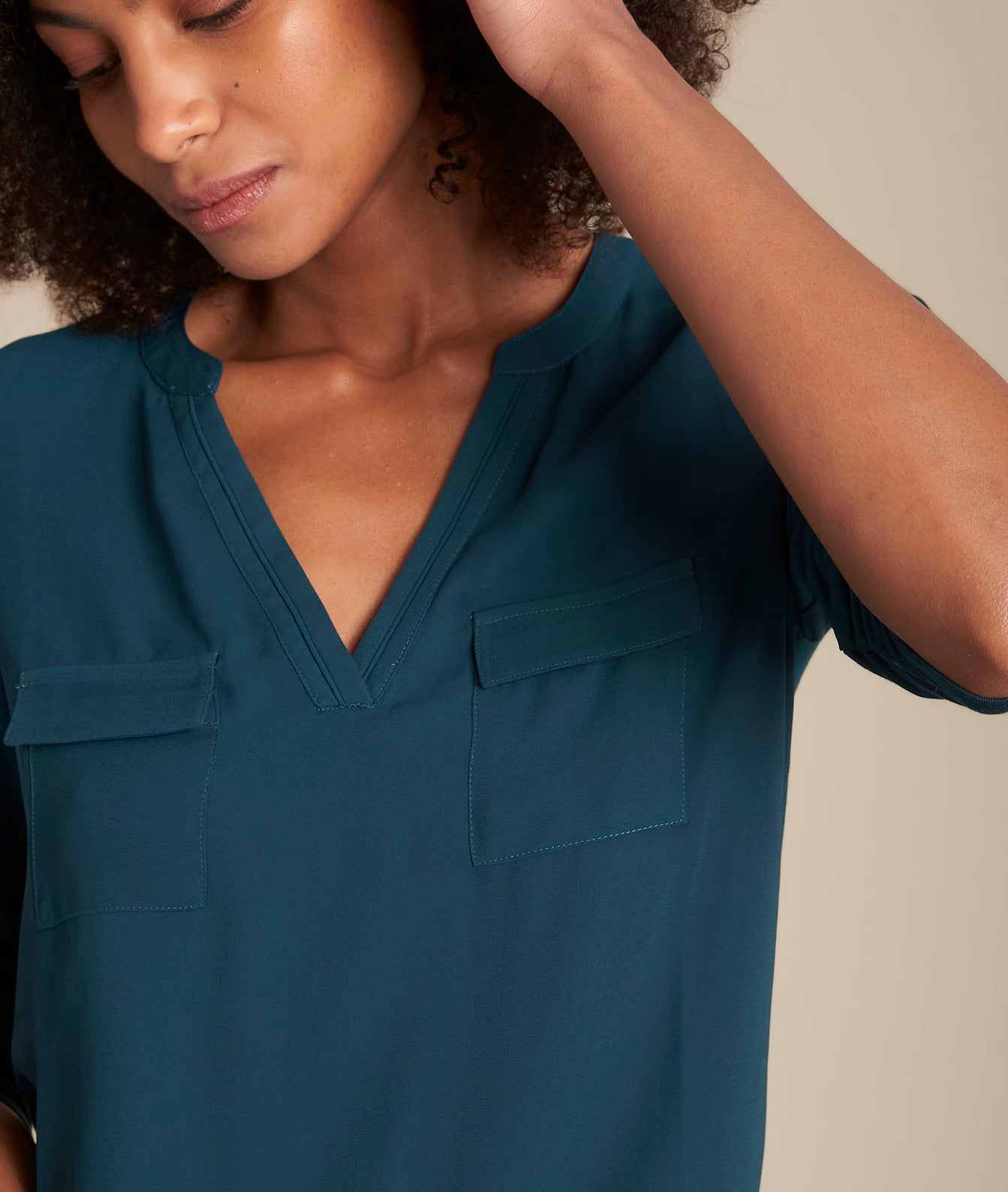 Blouse bimatière col tunisien cyprès Genna Faume - seconde main