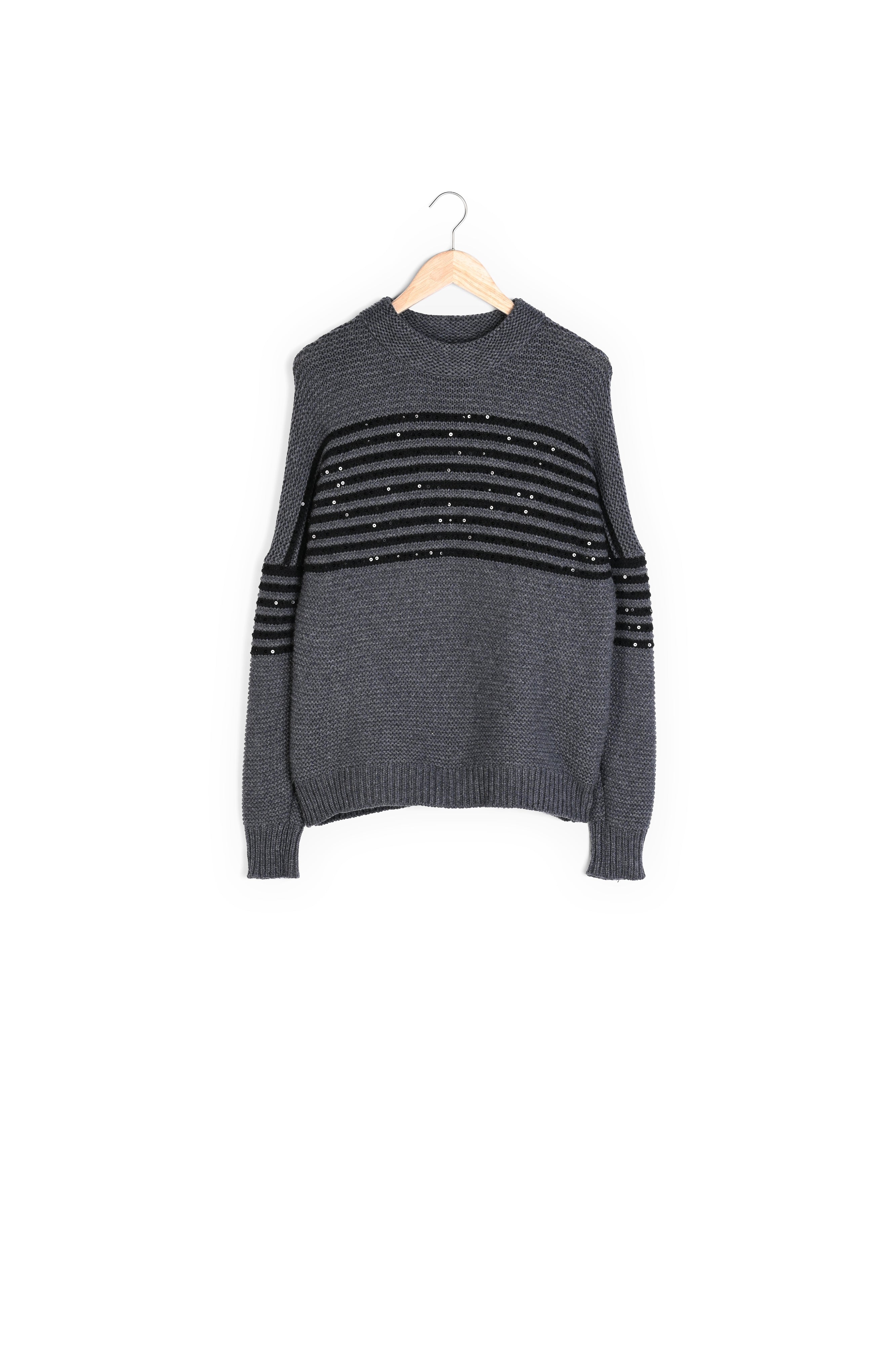 Pull en laine rebrodé de sequins anthracite Blakea Faume - seconde main