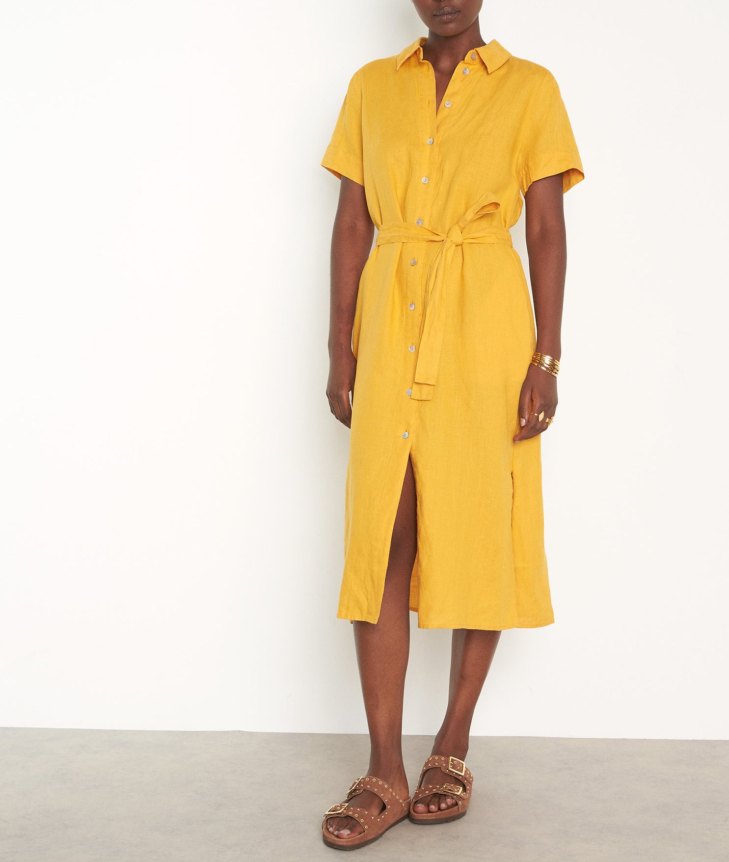 Robe chemise mi-longue en lin responsable jaune Nida Faume - seconde main