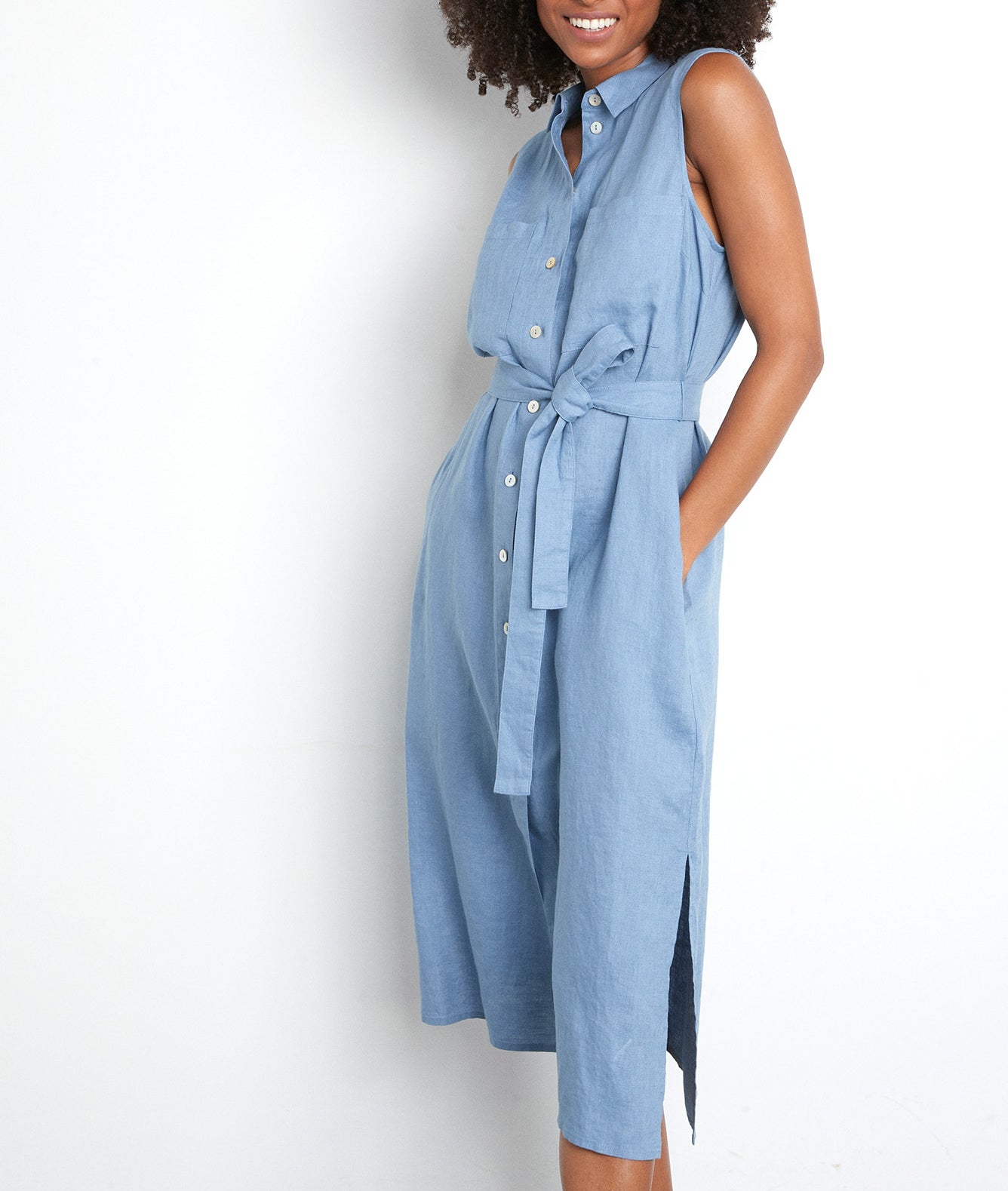 Robe chemise sans manches en lin certifié bleu ciel Cyrielle Faume - seconde main