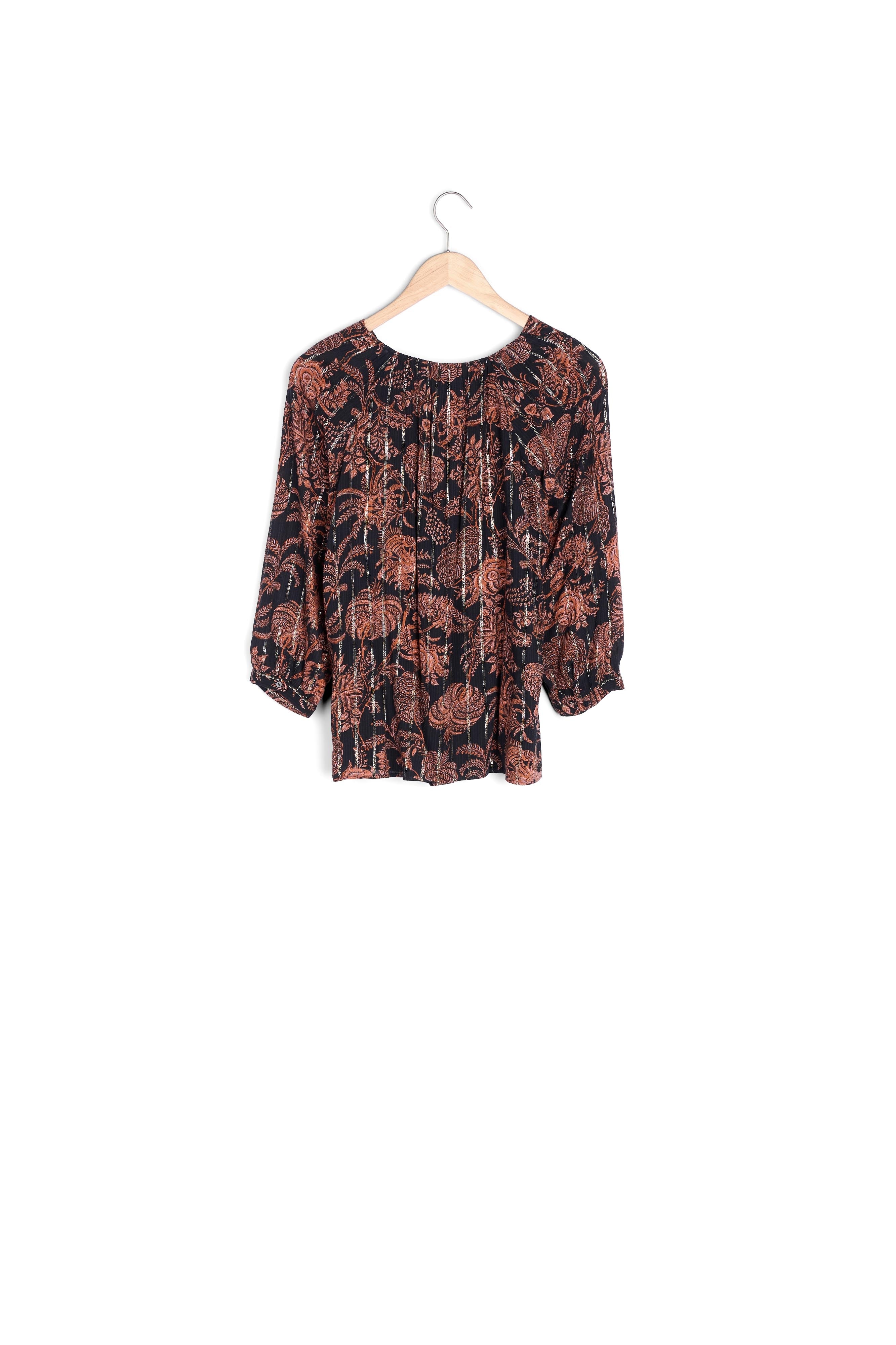Blouse fluide imprimée noire et orangée Tolly Faume - seconde main