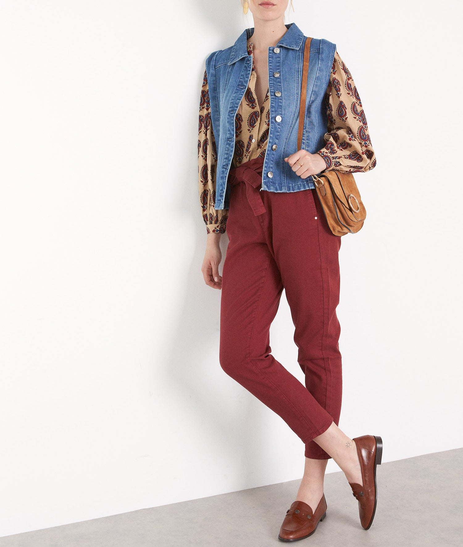 Pantalon paperbag en coton grenat Barbara Faume - seconde main