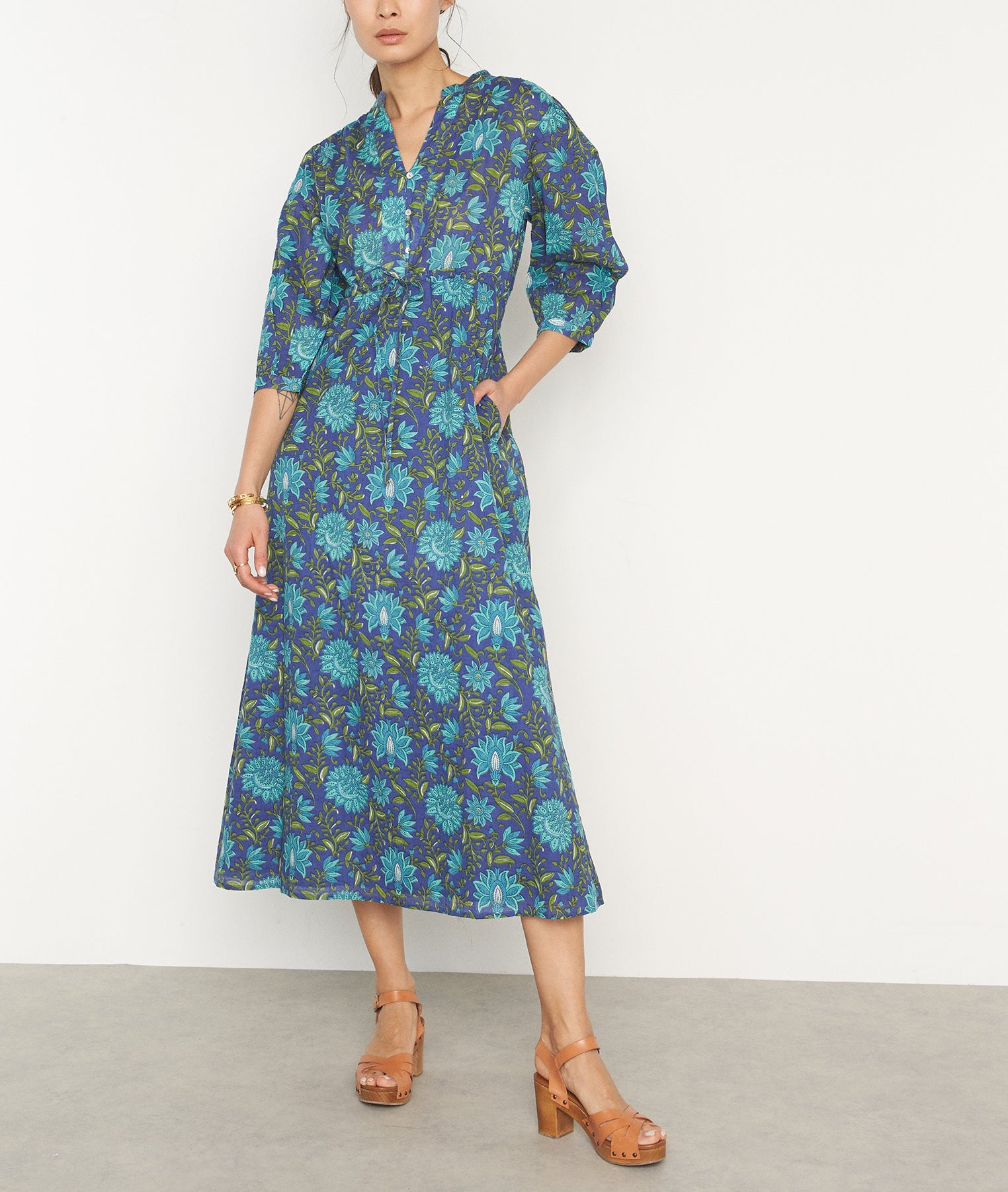 Robe longue en coton imprimé marine Harmony Faume - seconde main