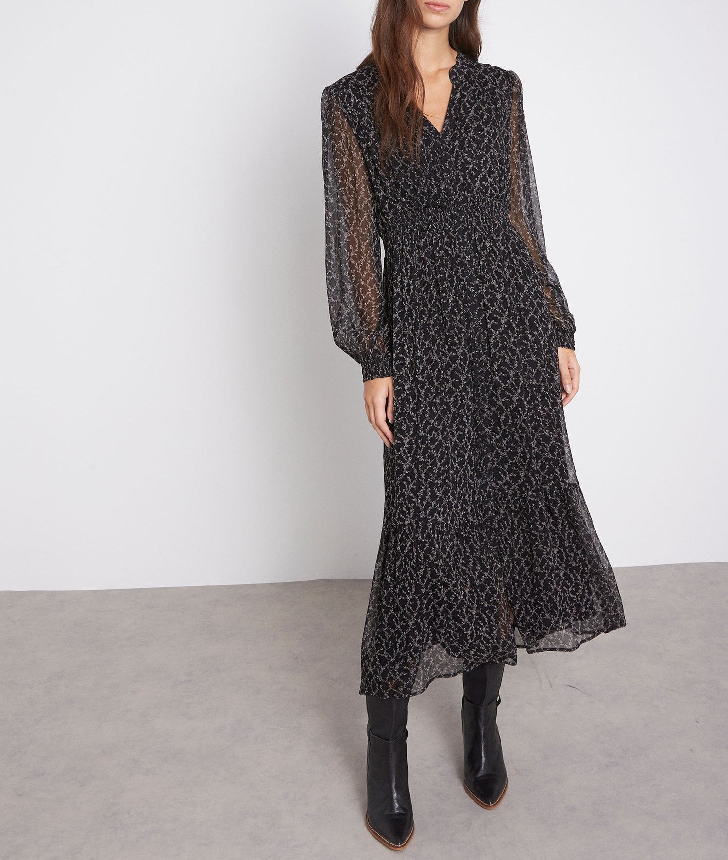 Robe longue boutonnée imprimée noire Seline Faume - seconde main