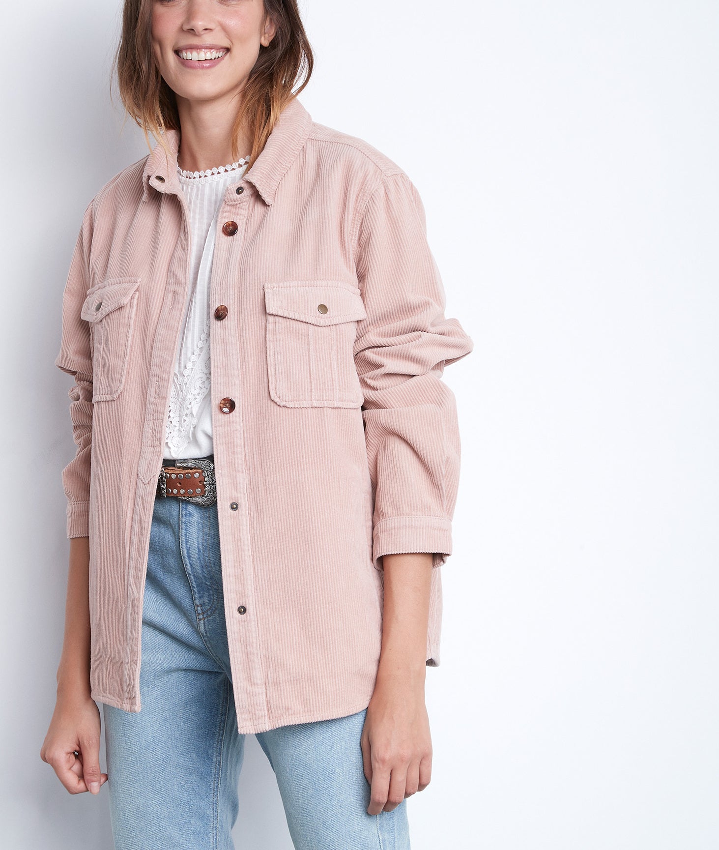 Surchemise en velours côtelé rose poudre Perle Faume - seconde main