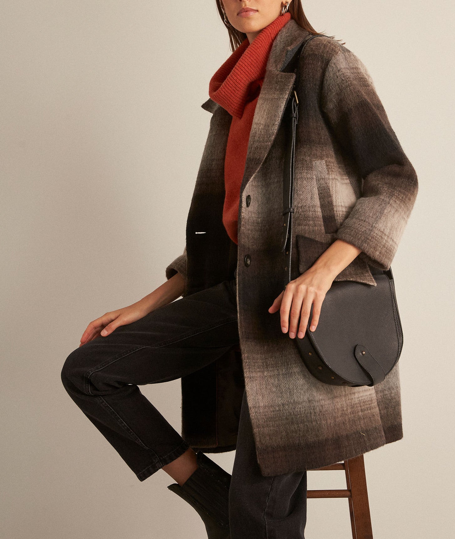 Manteau marron à carreaux en laine recyclée Martin Faume - seconde main