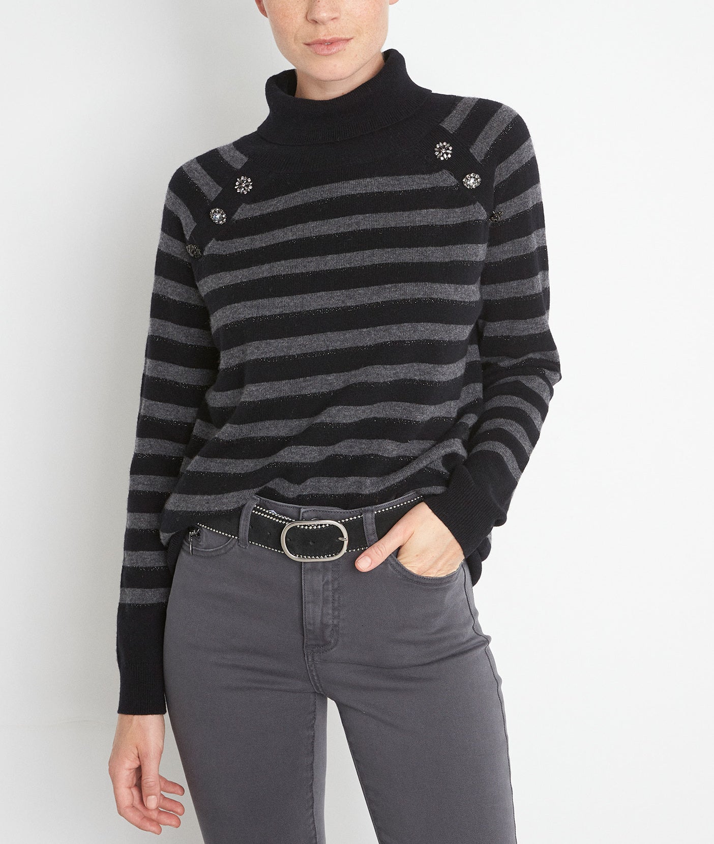 Pull col roulé en laine recyclée et cachemire noir et gris Thales Faume - seconde main