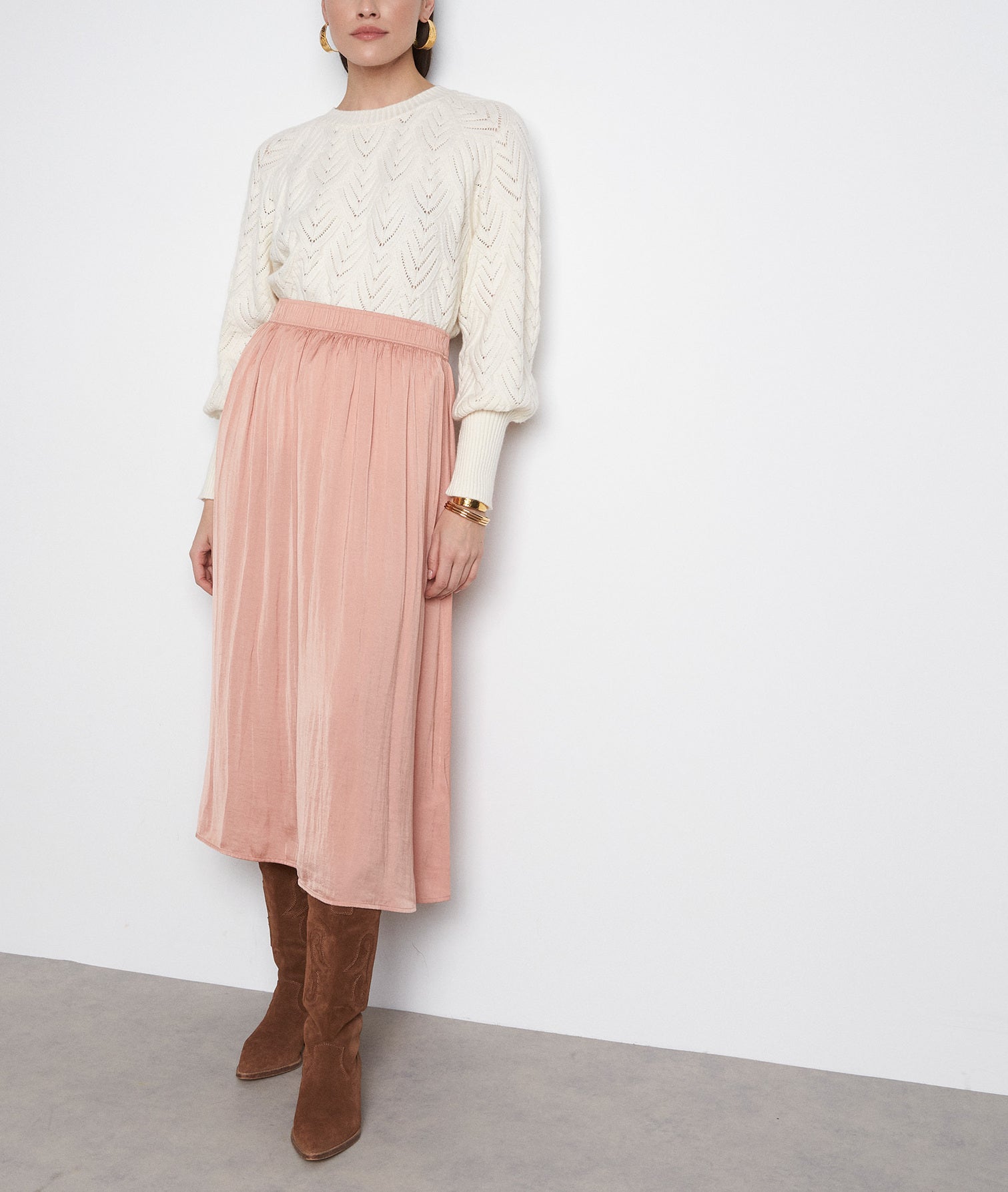 Jupe mi-longue satinée rose poudré Electra Faume - seconde main