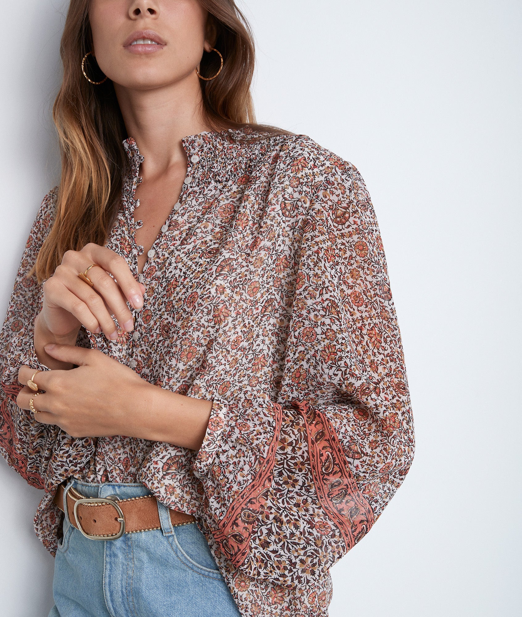 Blouse imprimée fleurie rose à manches longues Angelique Faume - seconde main