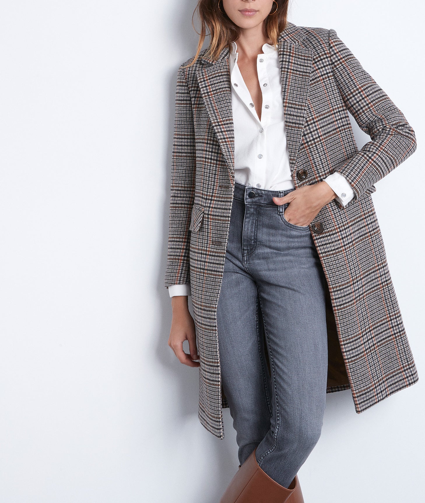 Manteau droit à carreaux beige Loulou Faume - seconde main