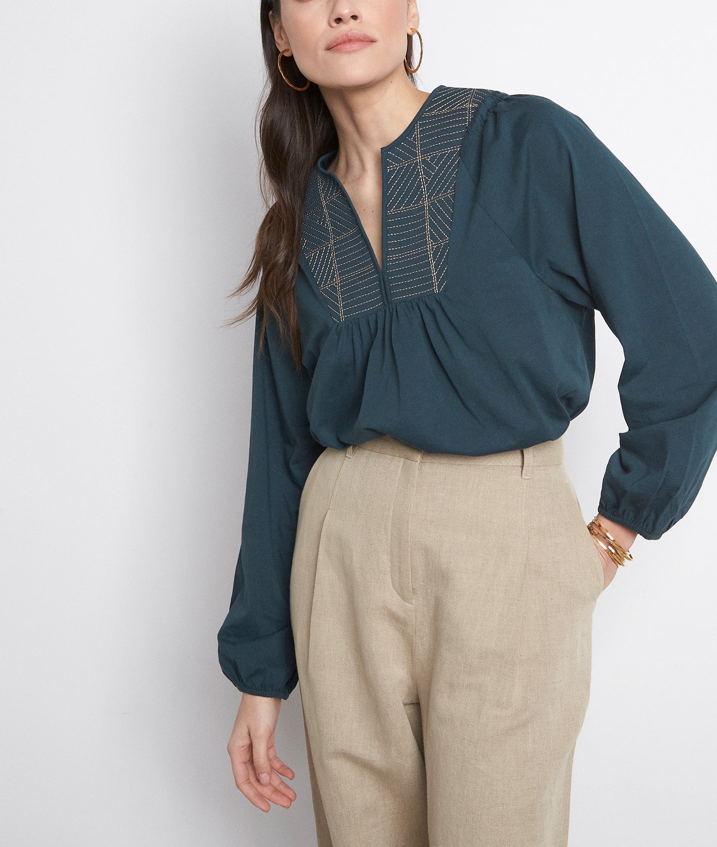 Blouse au col V en jersey de coton vert sapin Malika Faume - seconde main