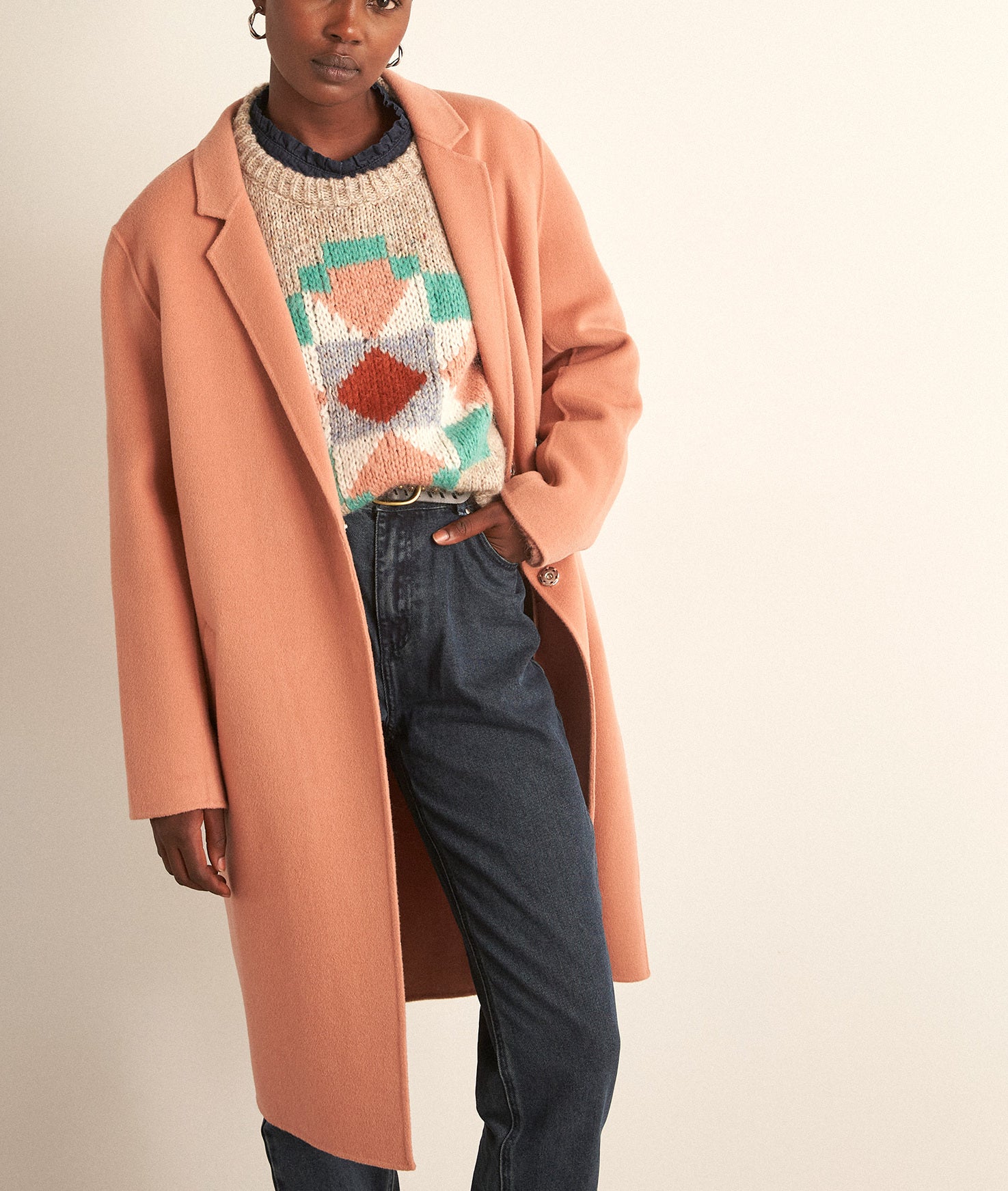 Manteau long rose en laine Maya Faume - seconde main