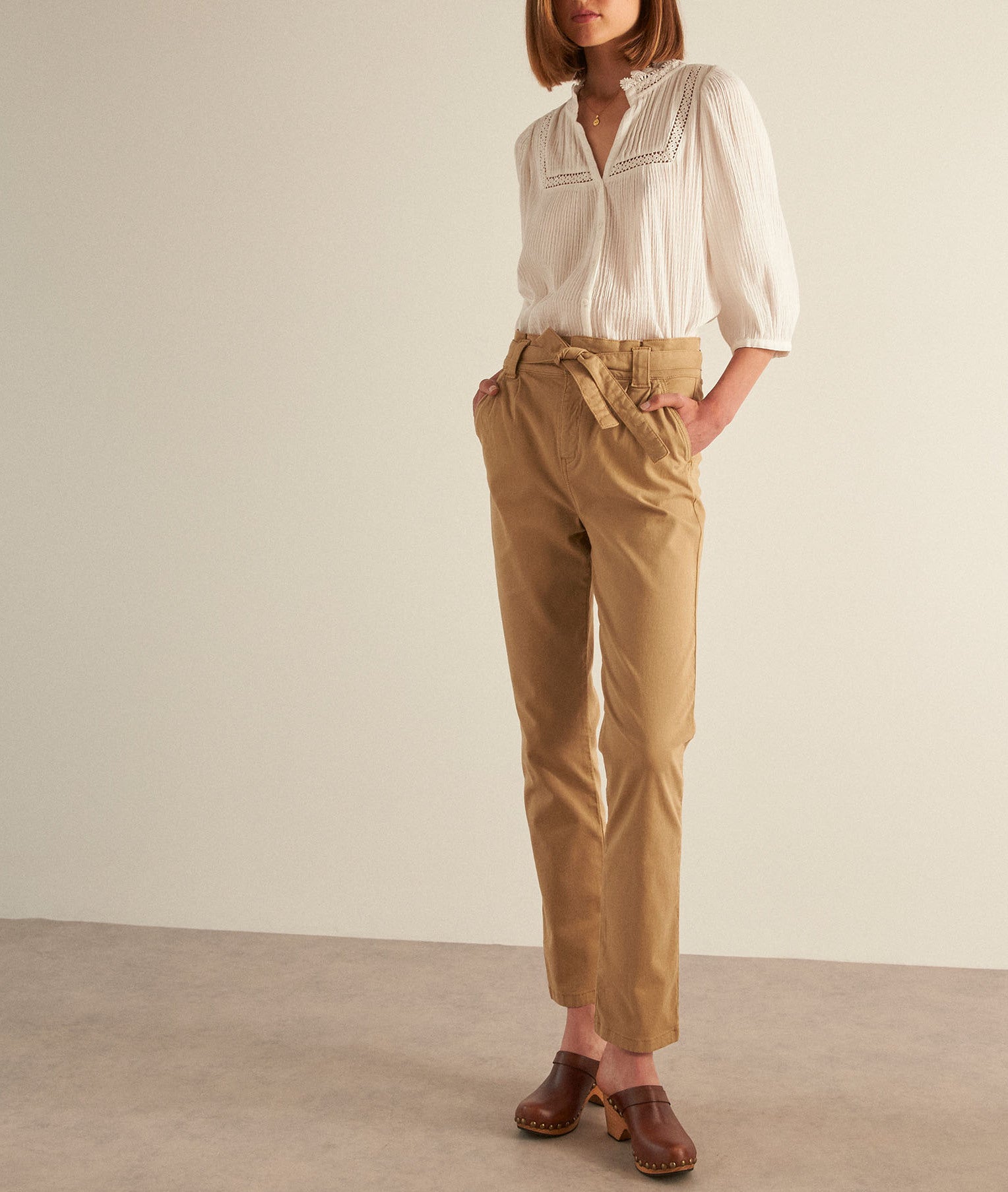 Pantalon paper bag en coton beige PAM Faume - seconde main