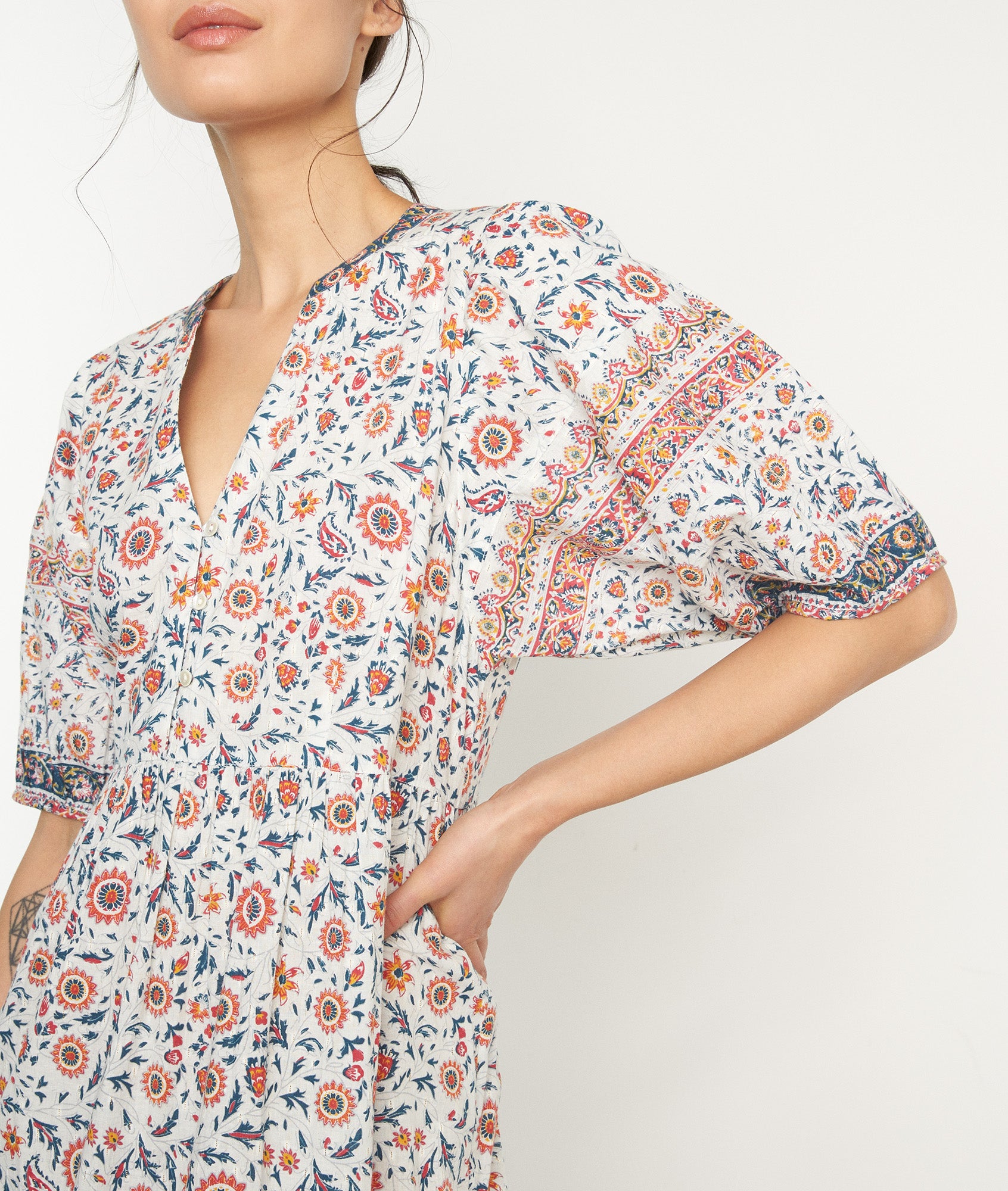 Robe longue en coton imprimé blanc Helene Faume - seconde main